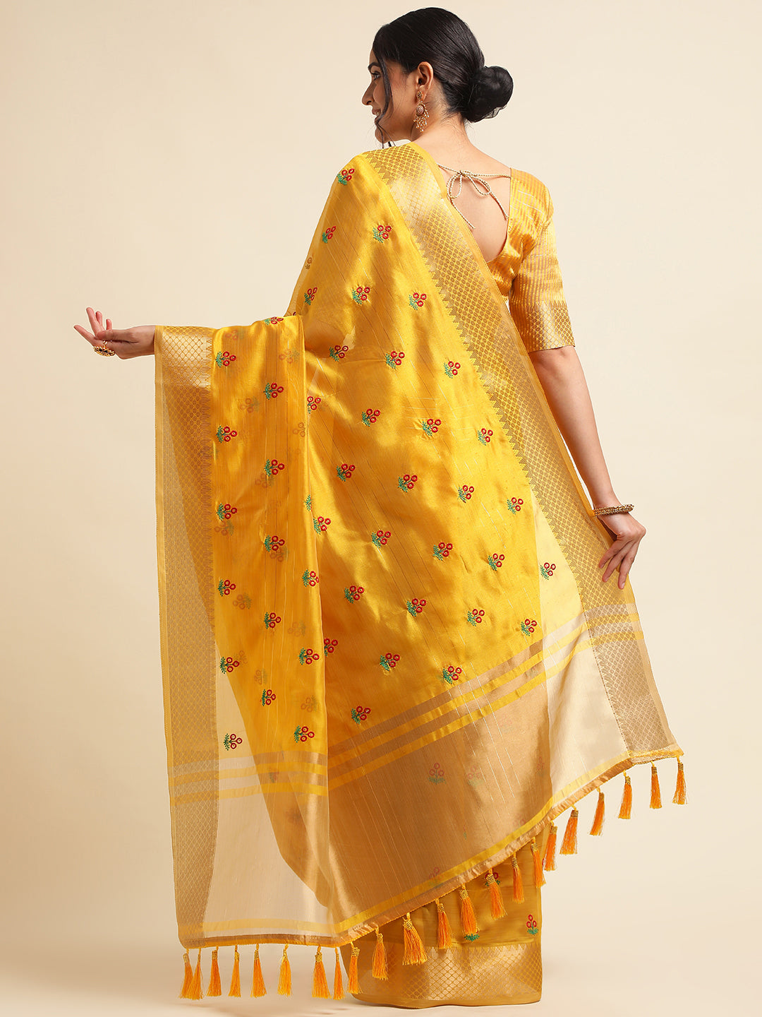 Yellow Banarasi Silk Floral Embroidery Work Saree