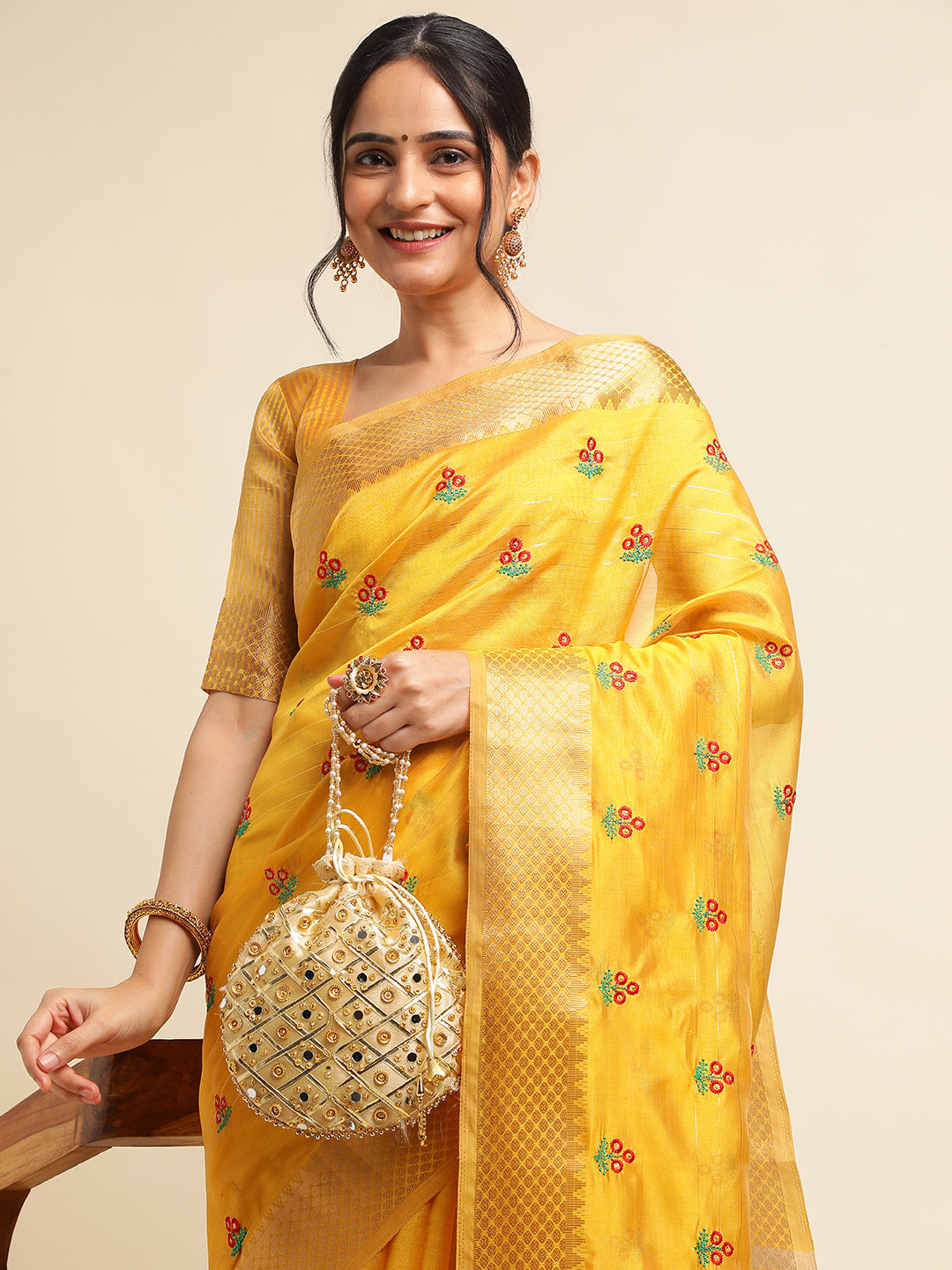 Yellow Banarasi Silk Floral Embroidery Work Saree