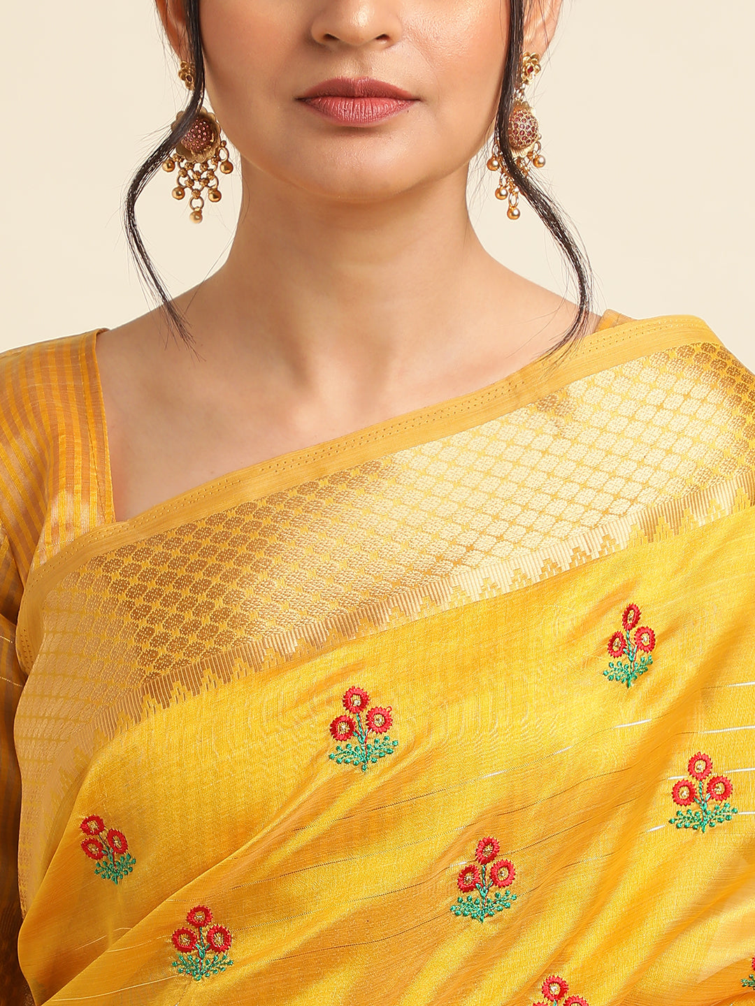 Yellow Banarasi Silk Floral Embroidery Work Saree