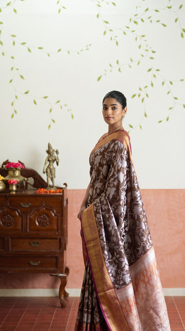 Brown Floral Banarasi Silk Weaving saree