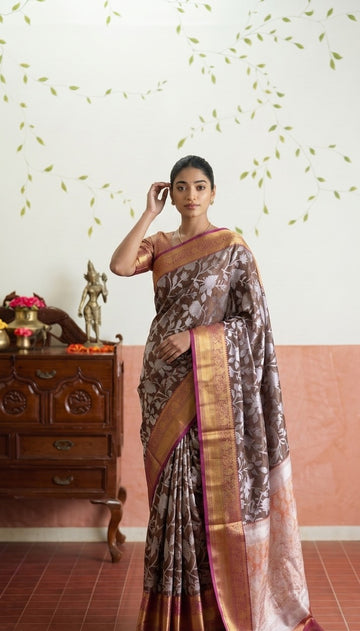 Brown Floral Banarasi Silk Weaving saree