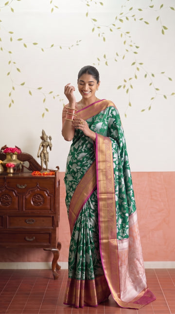 Dark Green Floral Banarasi Silk Weaving saree
