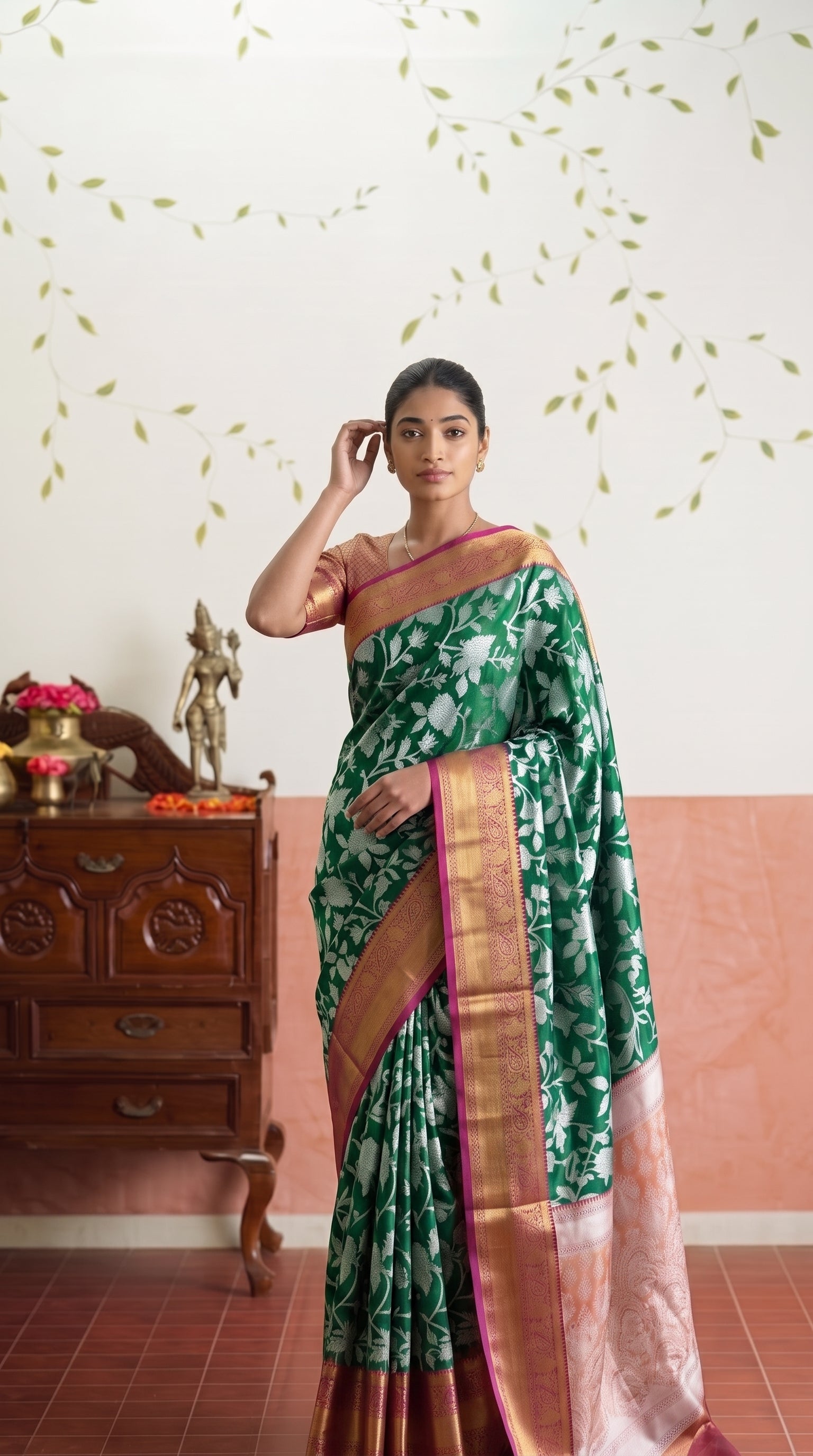 Dark Green Floral Banarasi Silk Weaving saree