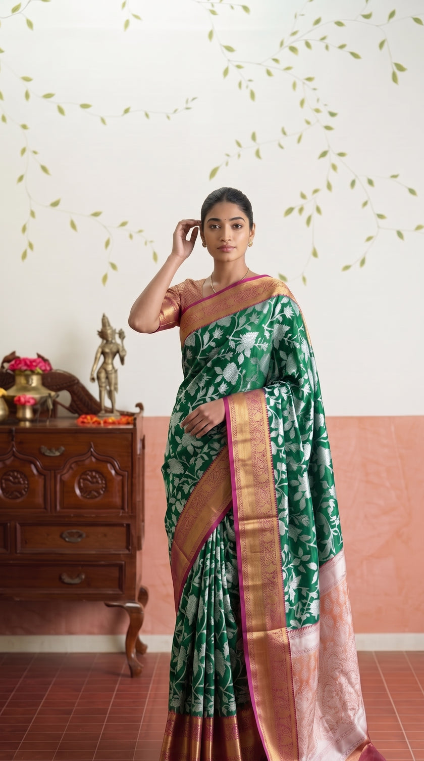 Dark Green Floral Banarasi Silk Weaving saree
