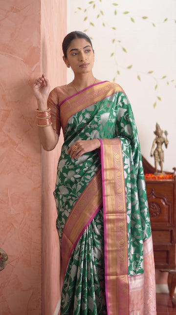 Dark Green Floral Banarasi Silk Weaving saree