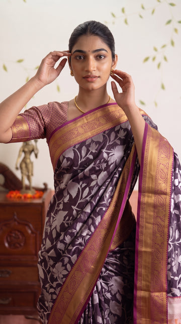 Purple Floral Banarasi Silk Weaving saree