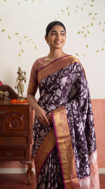 Purple Floral Banarasi Silk Weaving saree