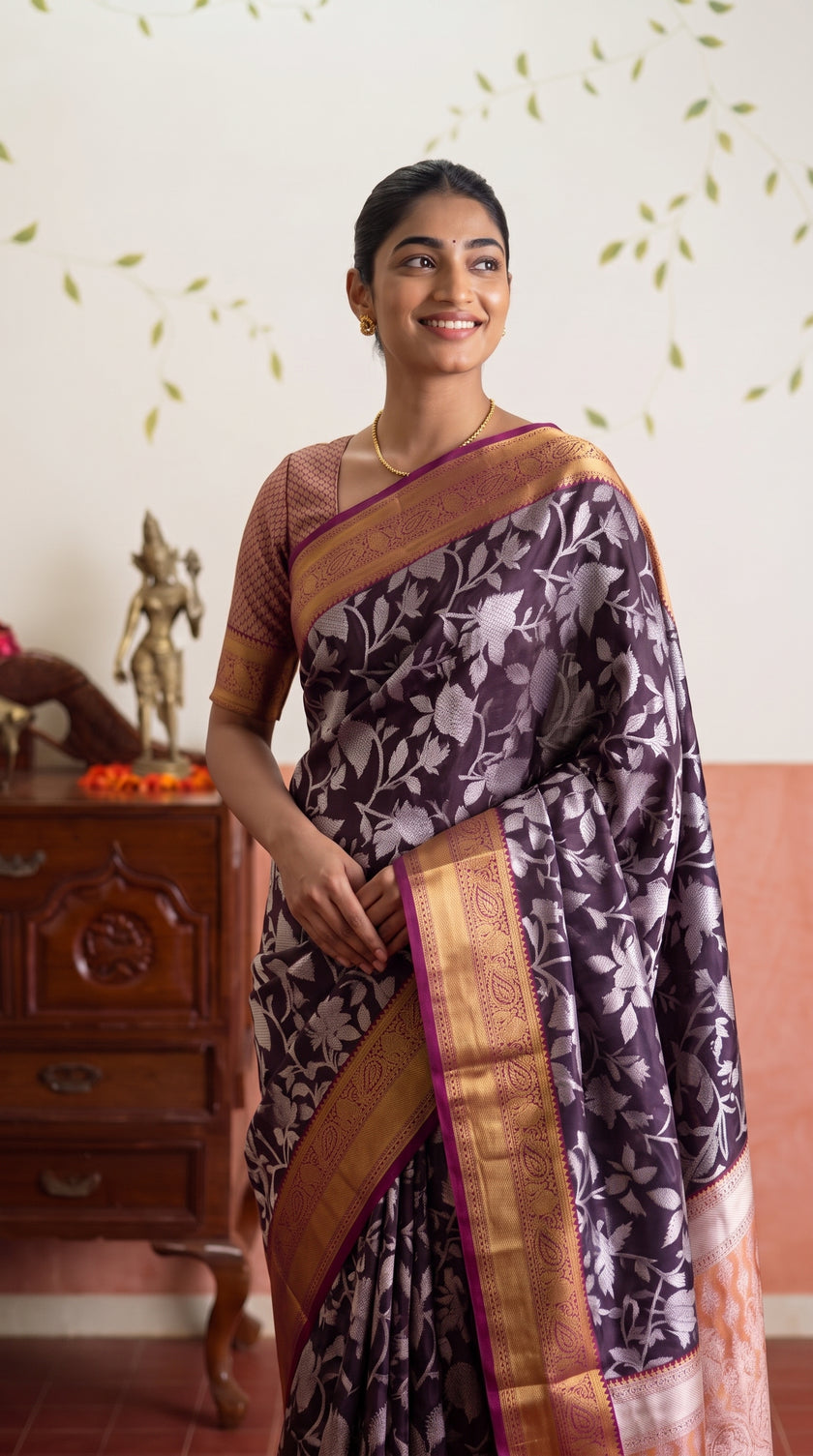 Purple Floral Banarasi Silk Weaving saree