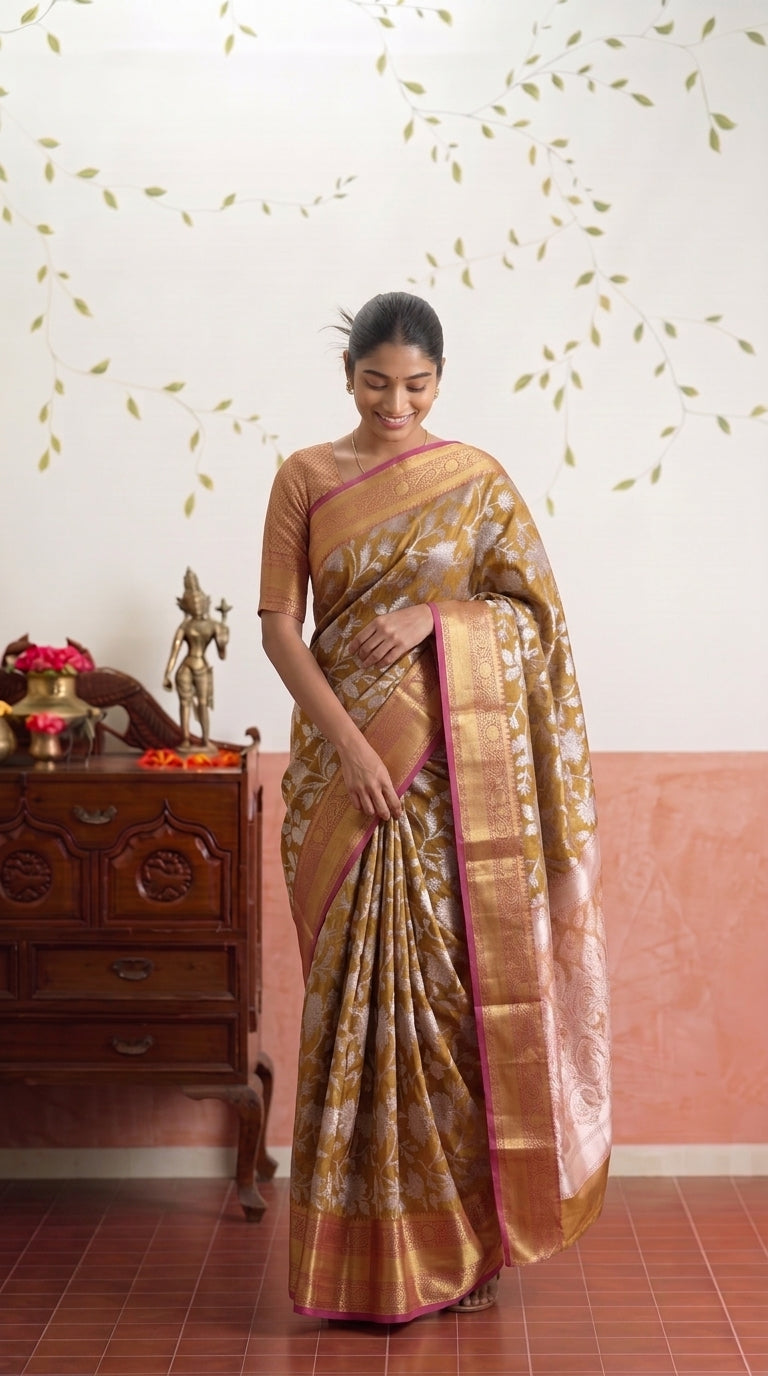 Yellow Floral Banarasi Silk Weaving saree
