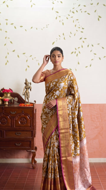 Yellow Floral Banarasi Silk Weaving saree