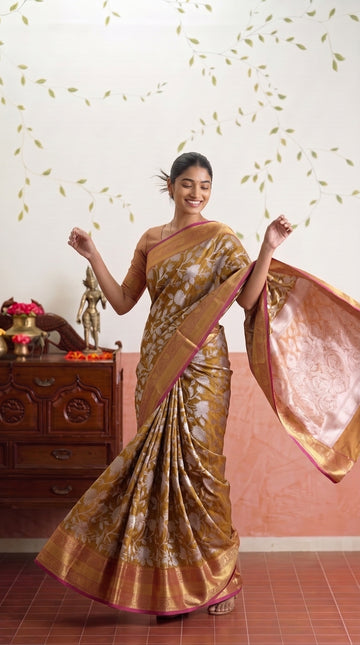 Yellow Floral Banarasi Silk Weaving saree