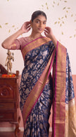 Navy Blue Floral Banarasi Silk Weaving saree