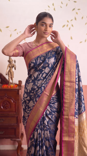 Navy Blue Floral Banarasi Silk Weaving saree