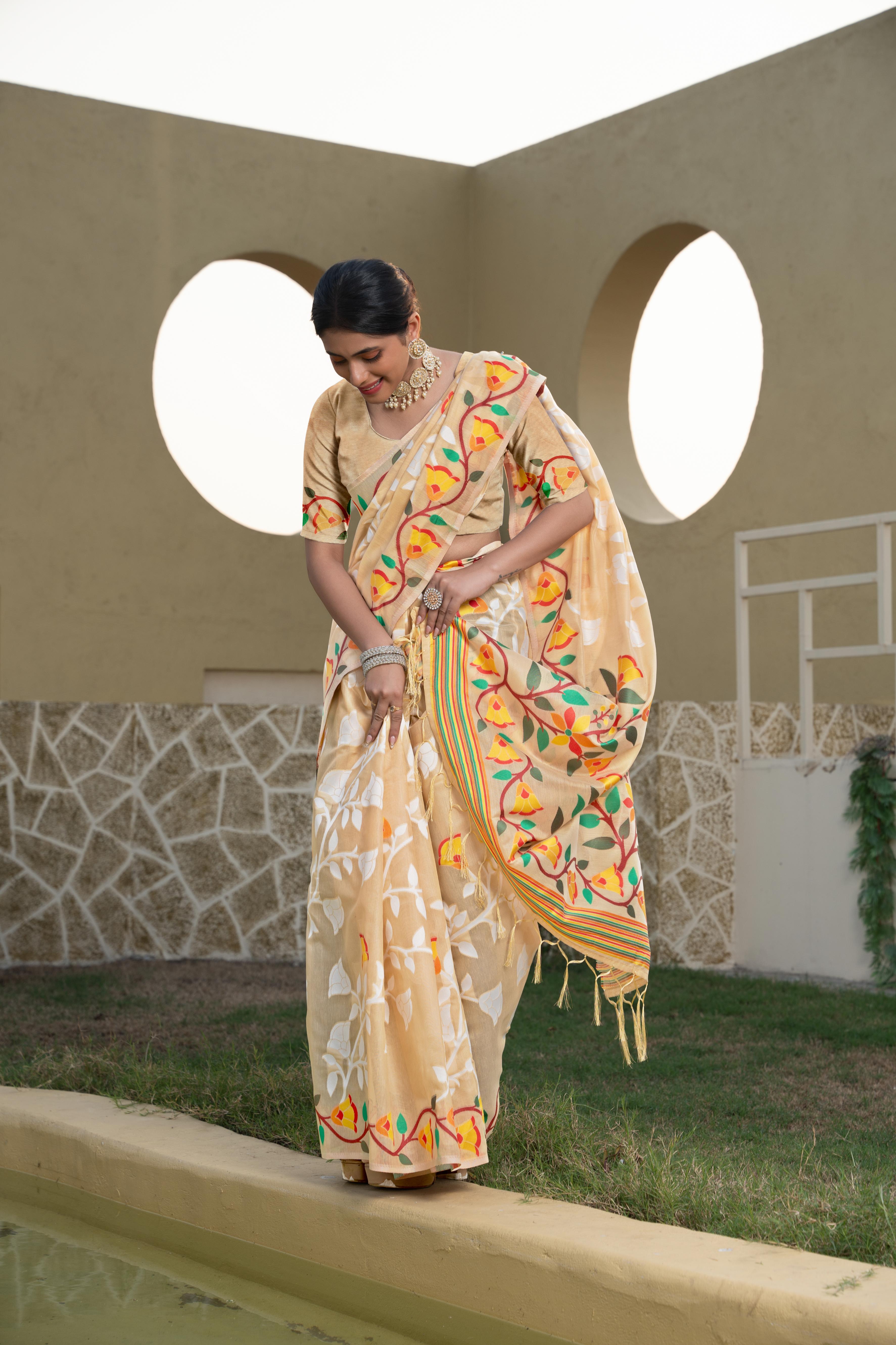 Beige Floral Printed Cotton Silk Saree