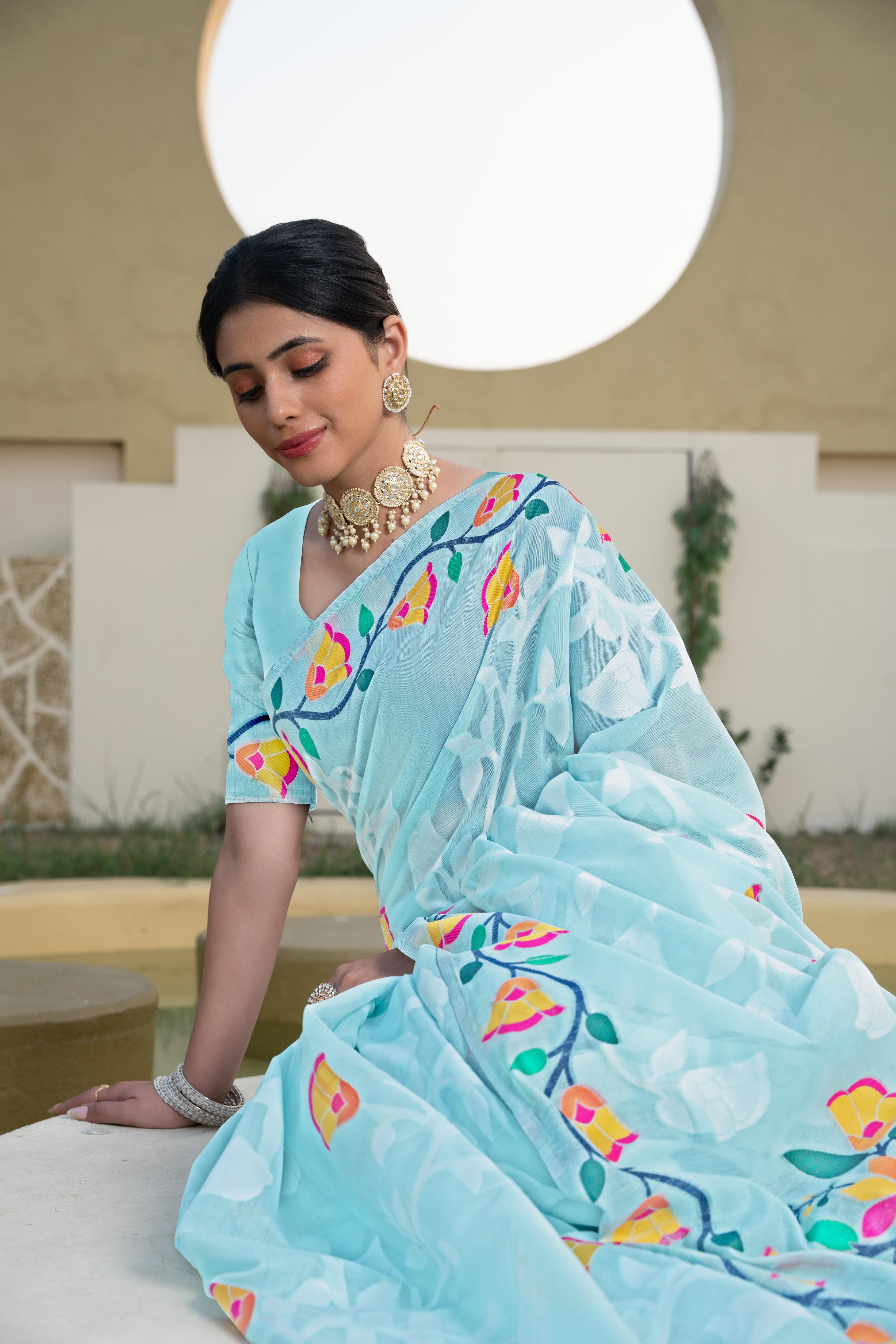 Blue Floral Printed Cotton Silk Saree