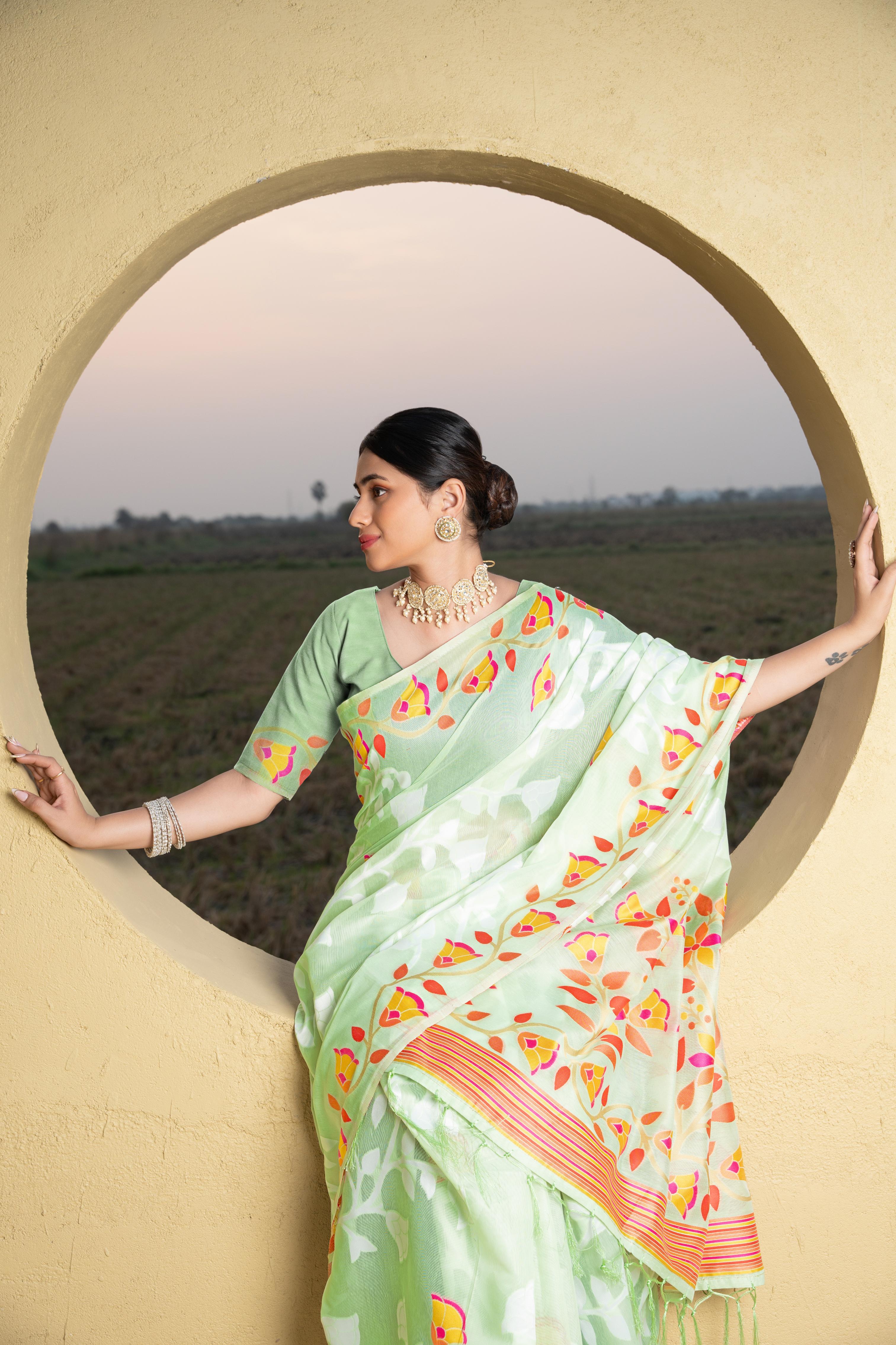 Green Floral Printed Cotton Silk Saree