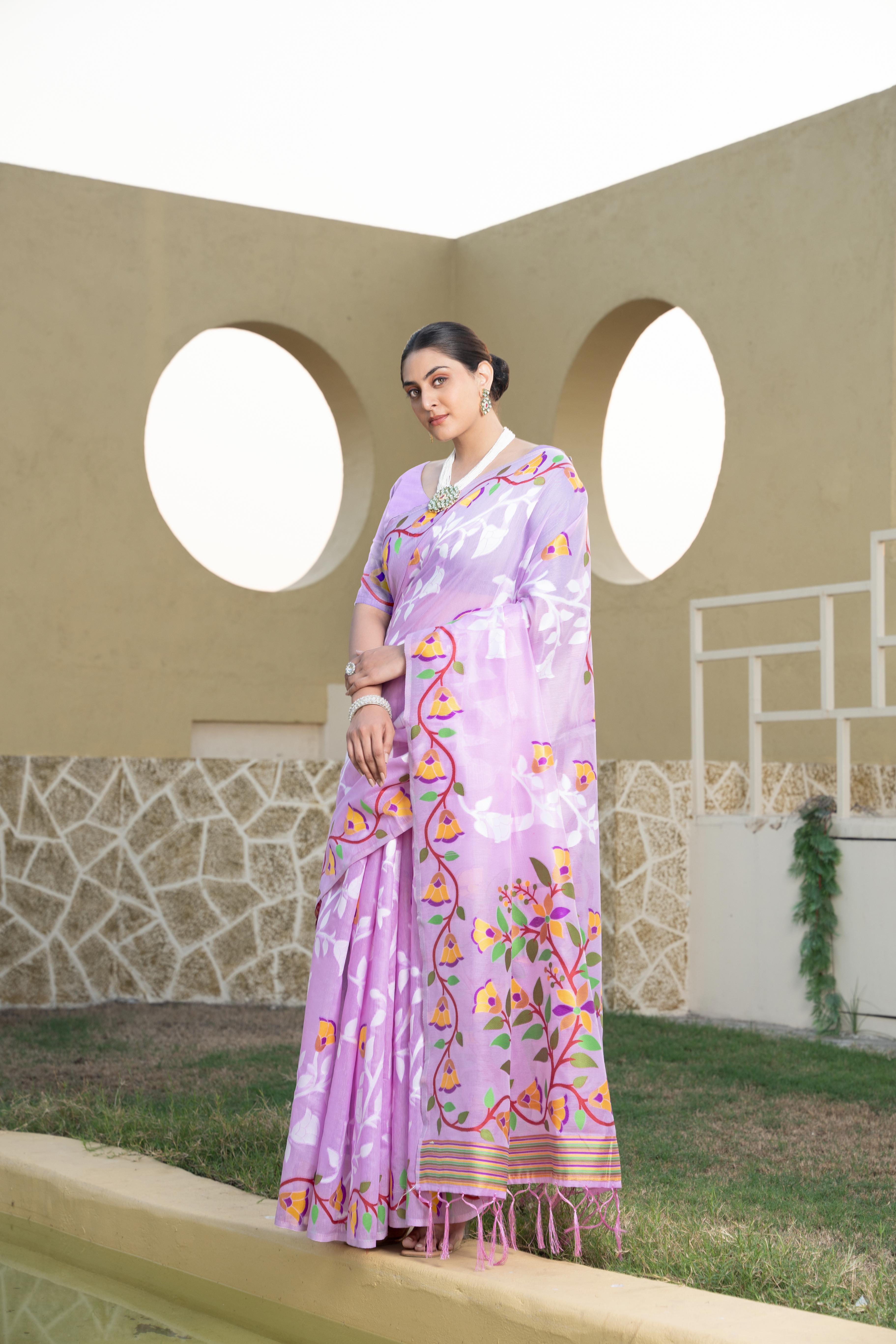 Lavender Floral Printed Cotton Silk Saree