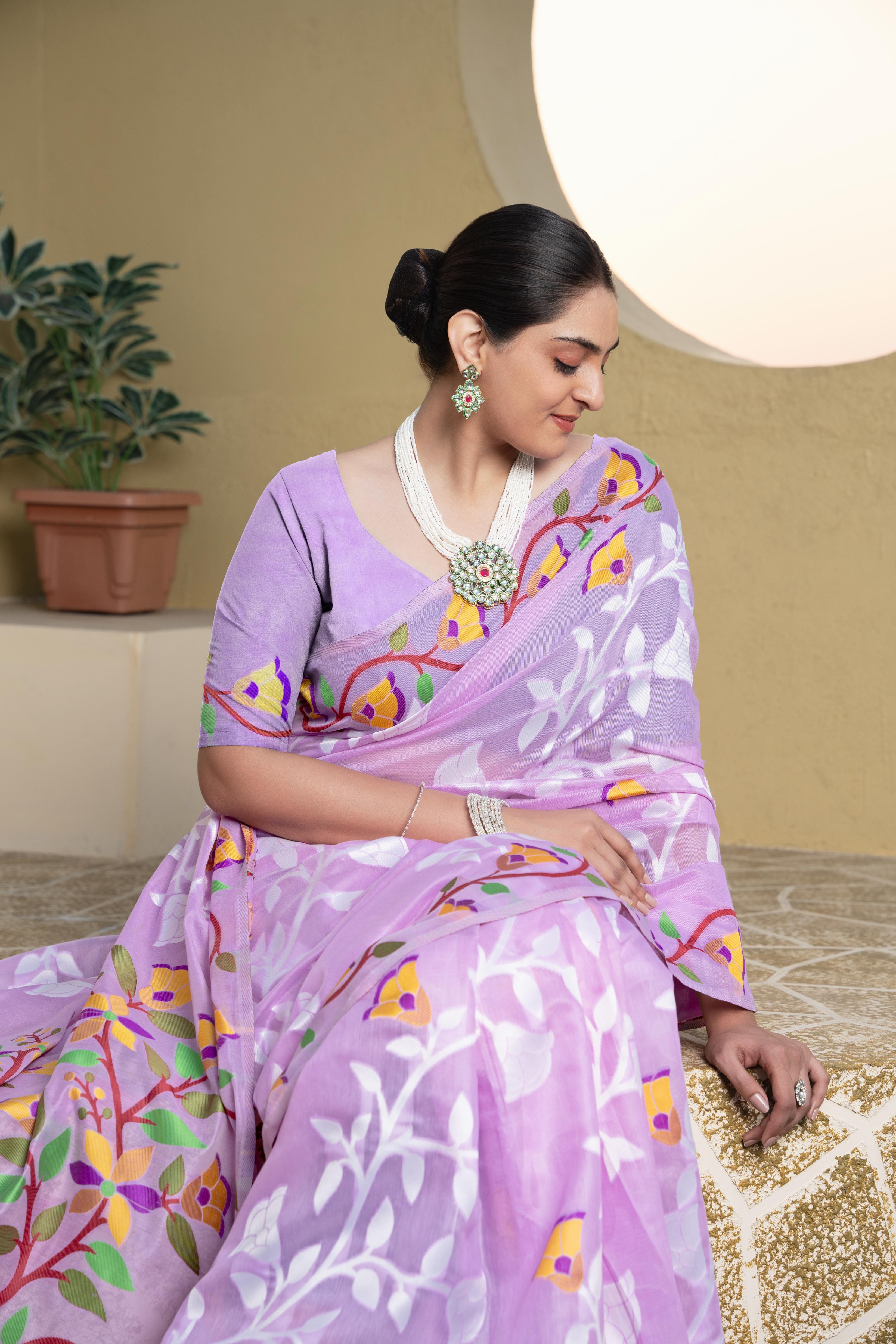 Lavender Floral Printed Cotton Silk Saree