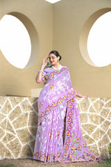 Lavender Floral Printed Cotton Silk Saree