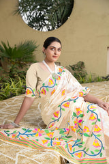 Off White Floral Printed Cotton Silk Saree