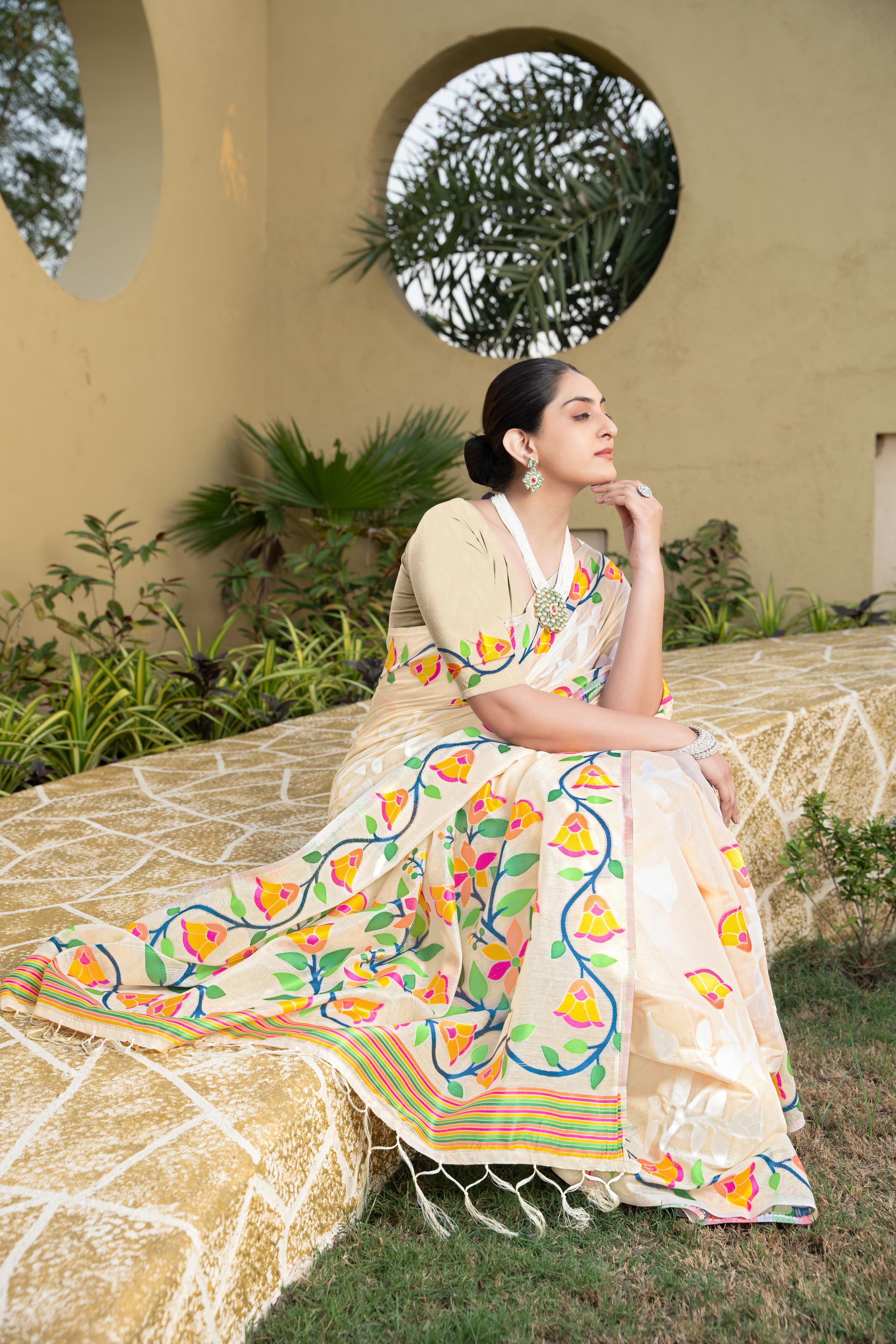 Off White Floral Printed Cotton Silk Saree