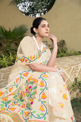 Off White Floral Printed Cotton Silk Saree