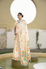 Off White Floral Printed Cotton Silk Saree