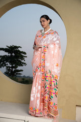 Peach Floral Printed Cotton Silk Saree