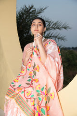 Peach Floral Printed Cotton Silk Saree