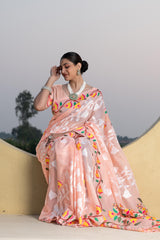 Peach Floral Printed Cotton Silk Saree