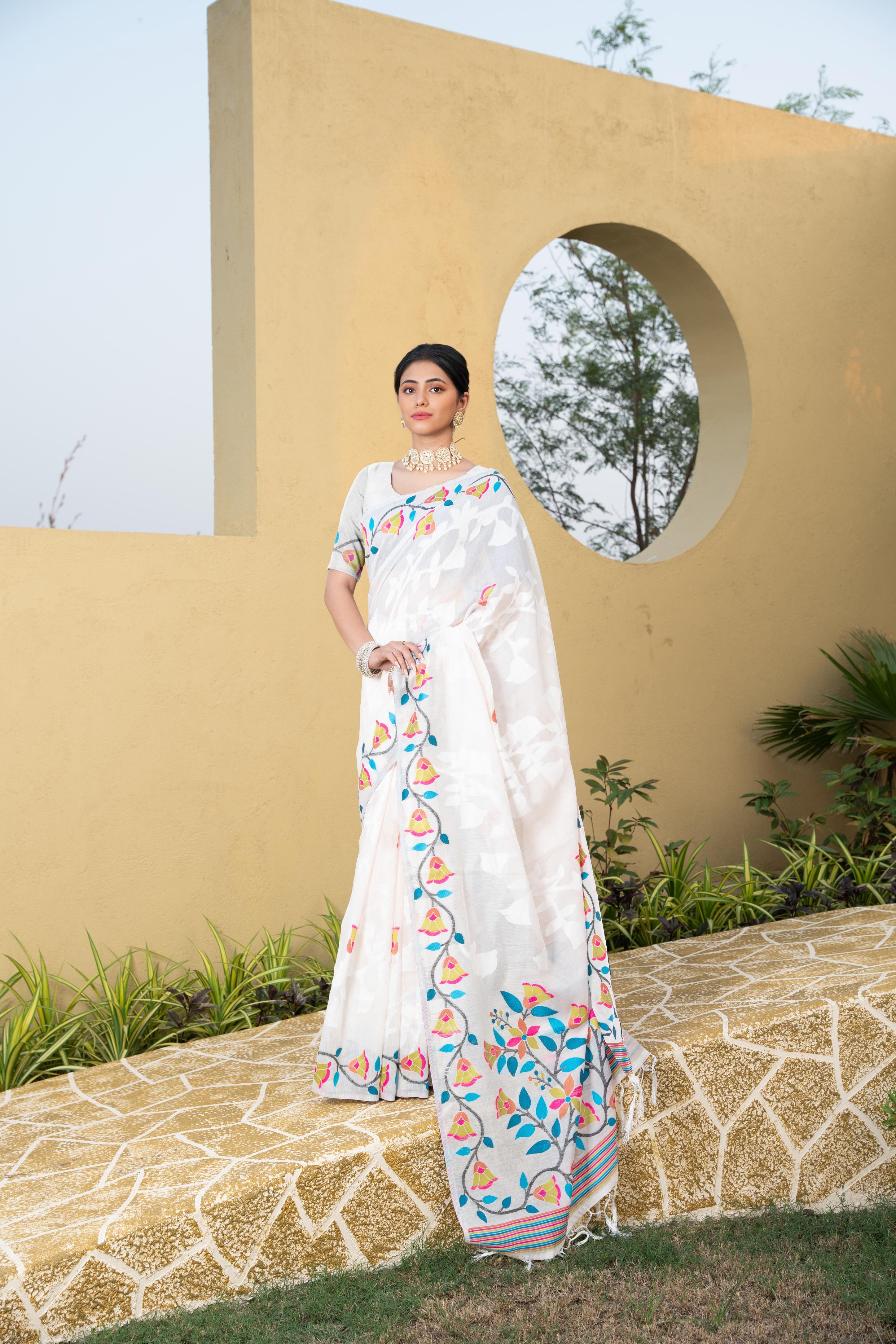 White Floral Printed Cotton Silk Saree