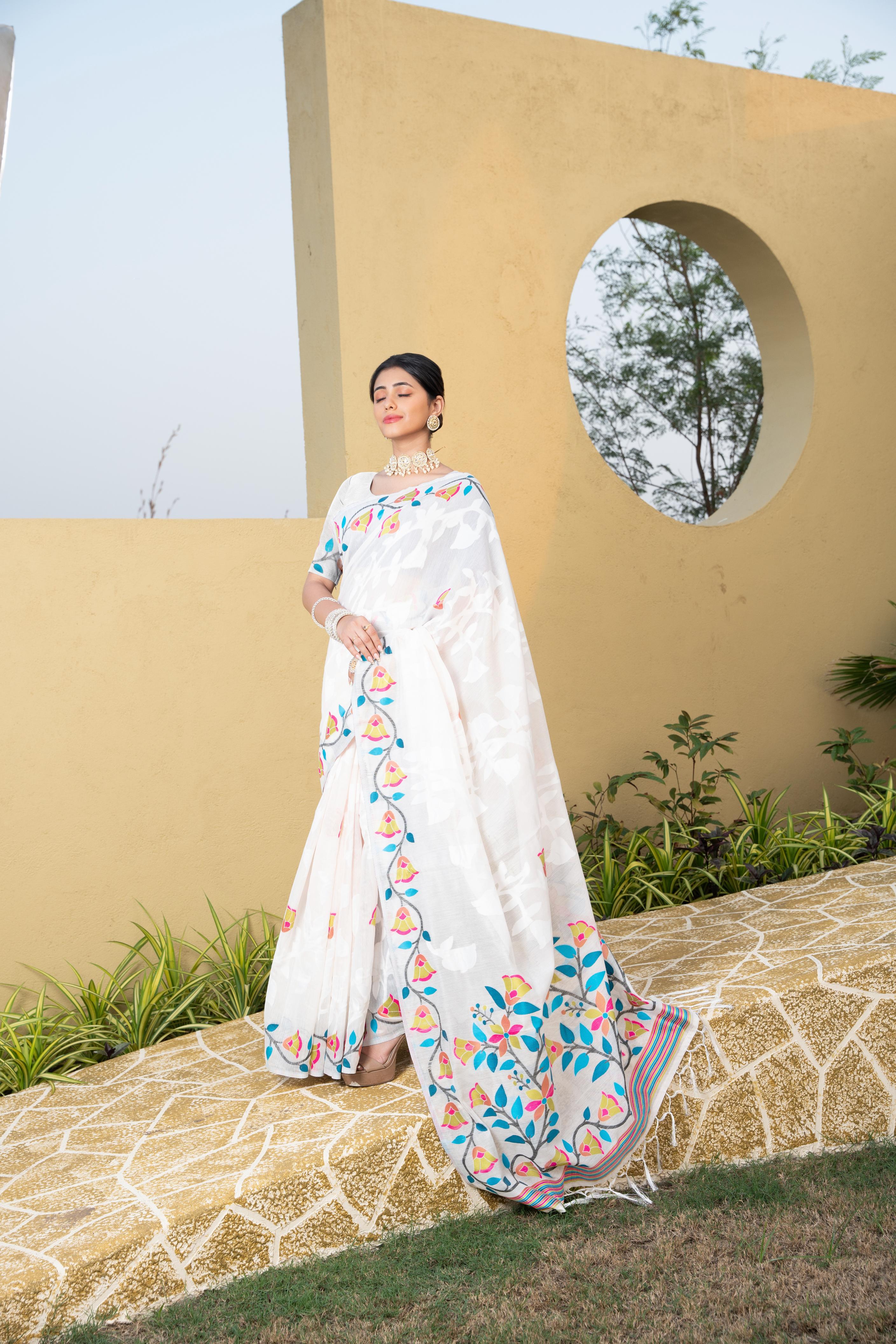 White Floral Printed Cotton Silk Saree