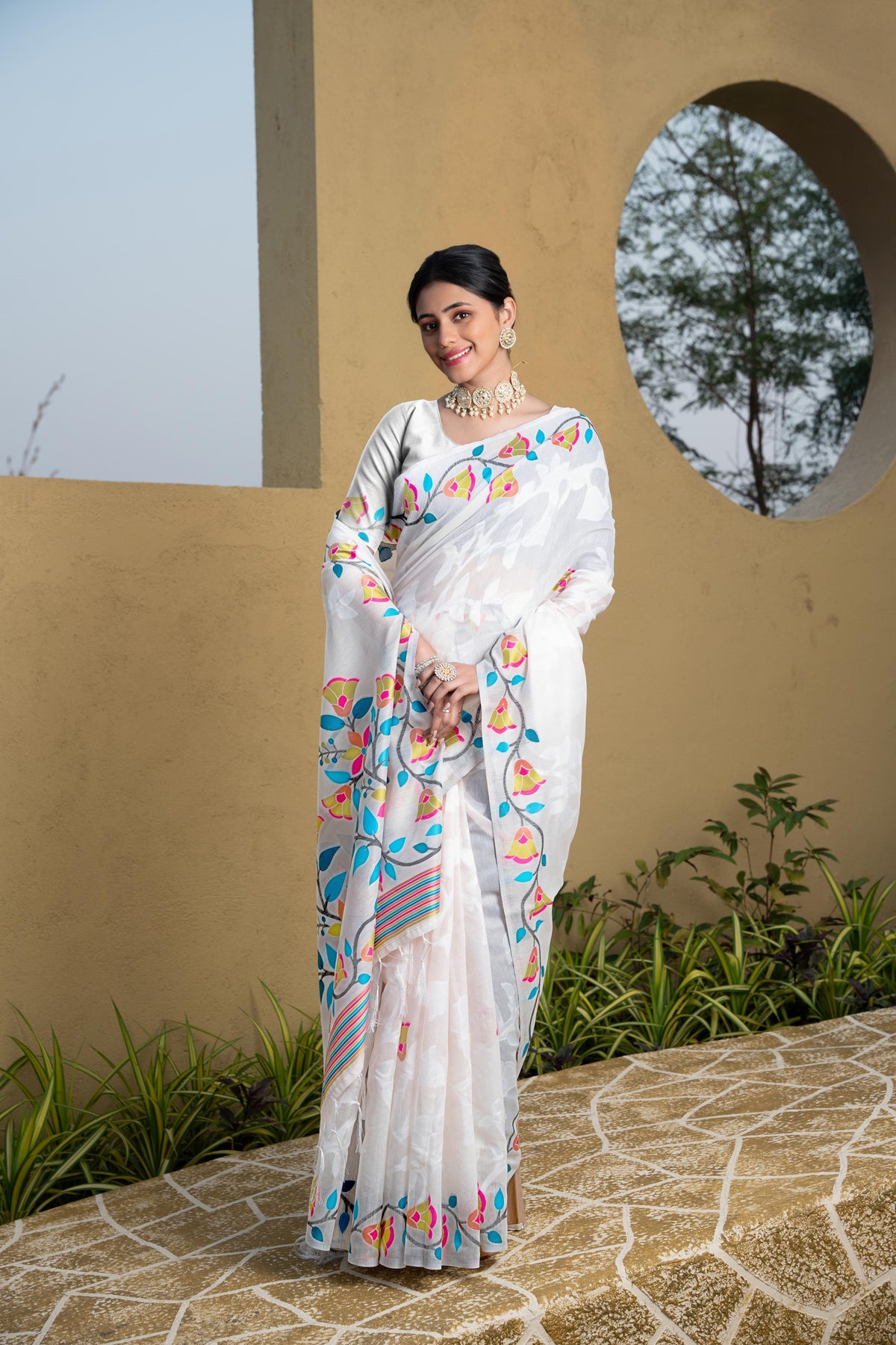 White Floral Printed Cotton Silk Saree