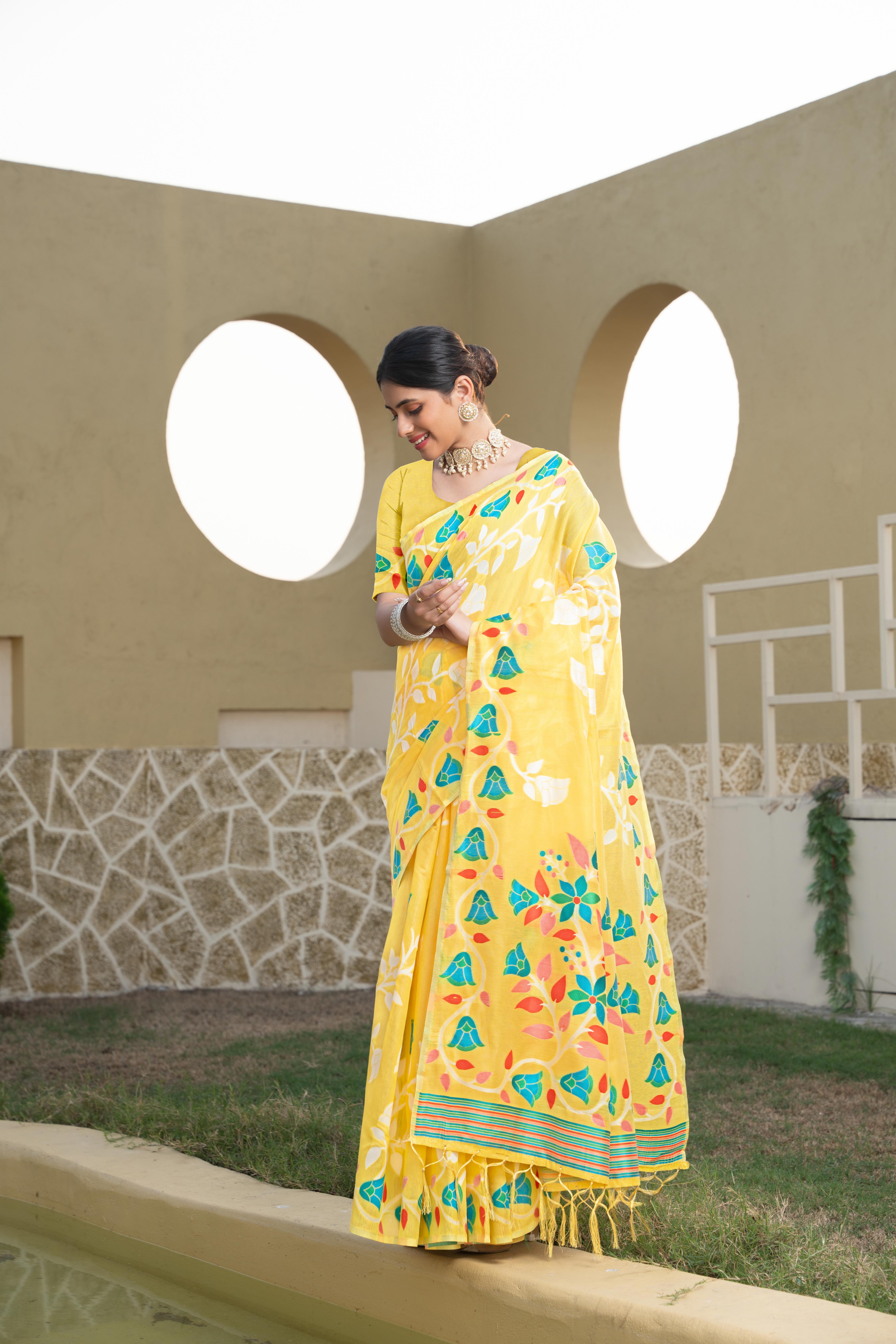 Yellow Floral Printed Cotton Silk Saree