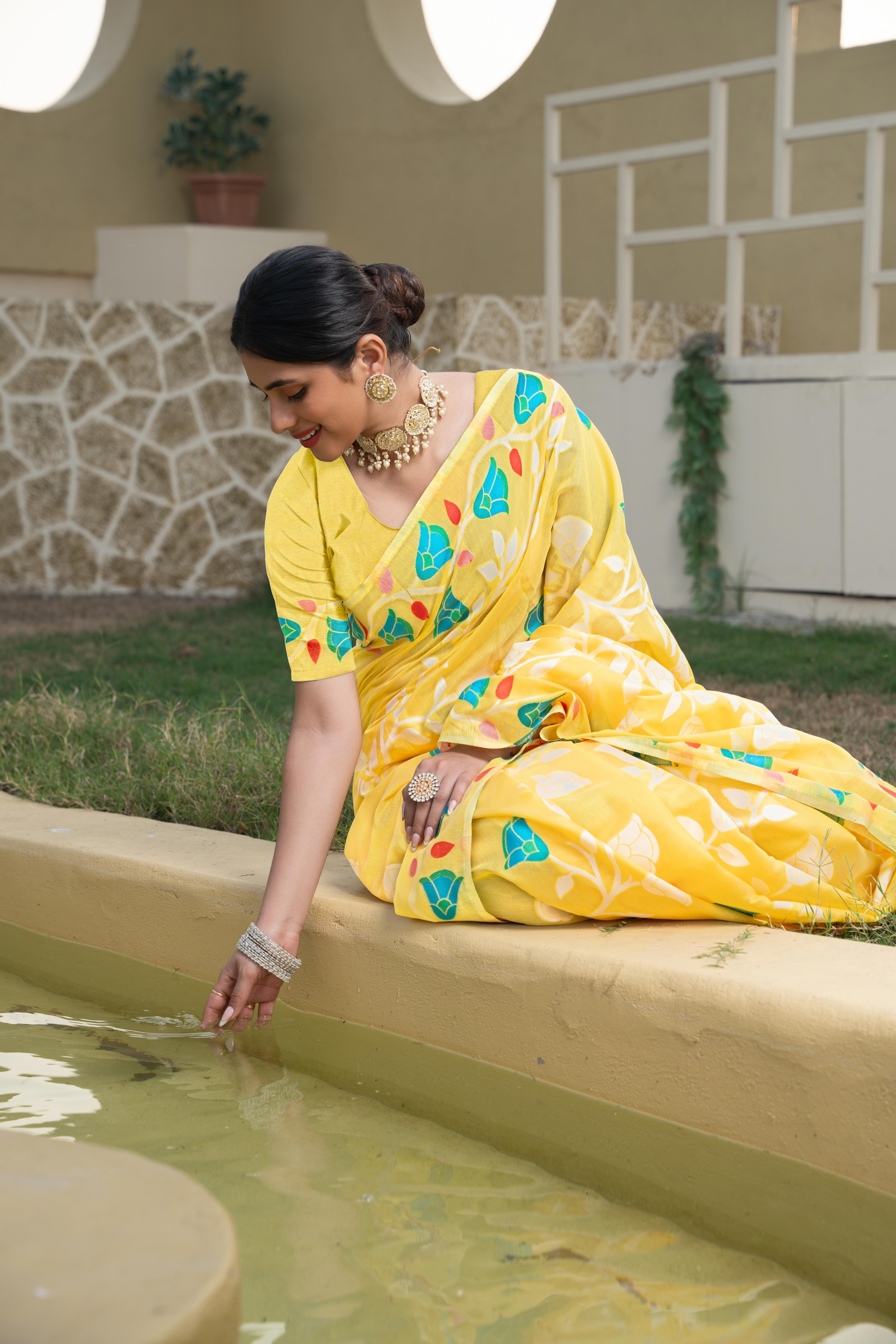 Yellow Floral Printed Cotton Silk Saree