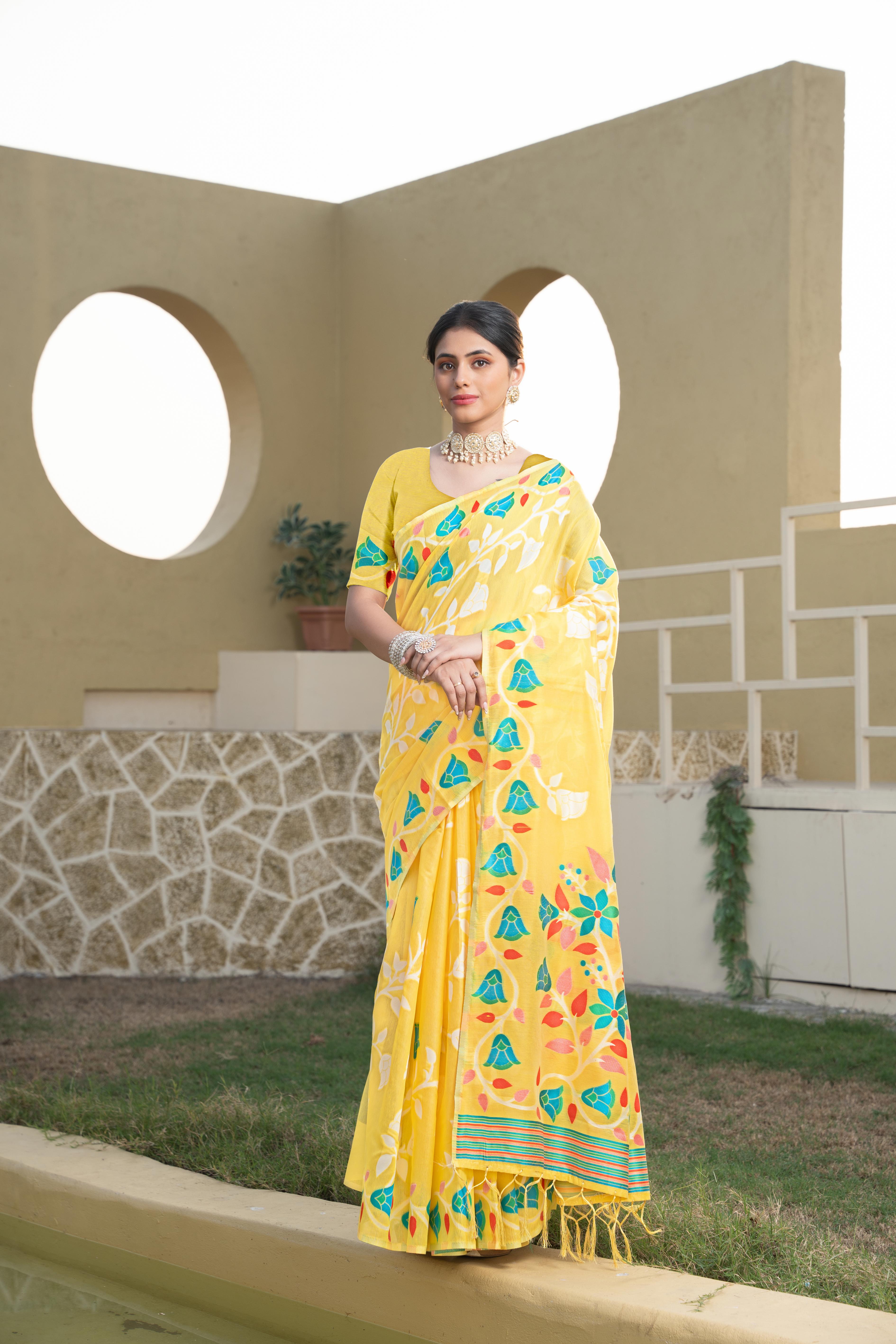 Yellow Floral Printed Cotton Silk Saree