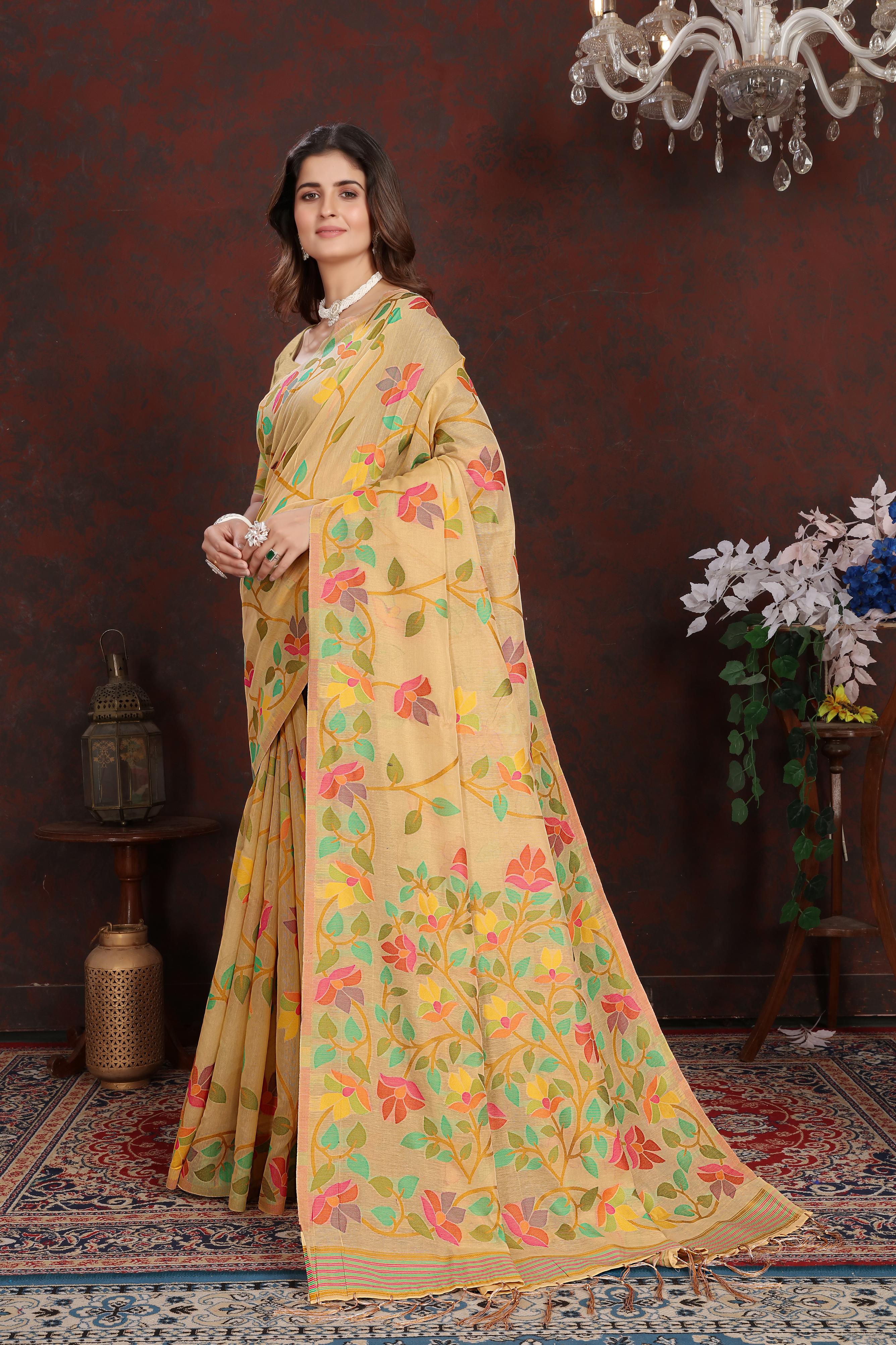 Beige Floral Jamdani Soft Cotton Saree