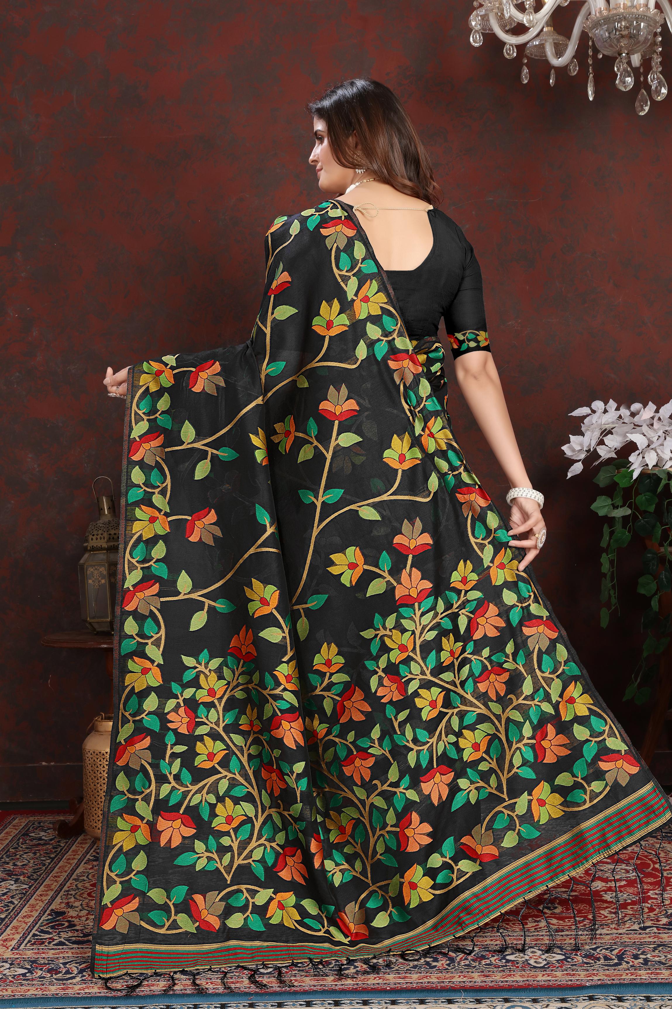 Black Floral Jamdani Soft Cotton Saree