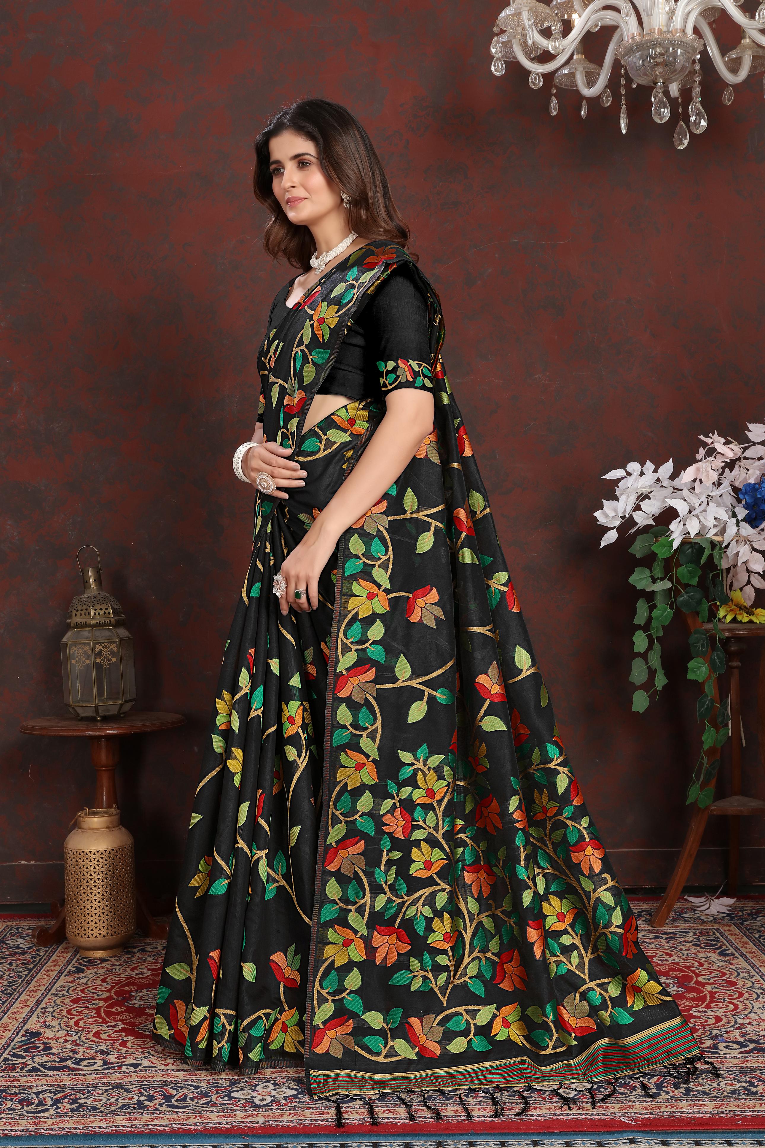 Black Floral Jamdani Soft Cotton Saree