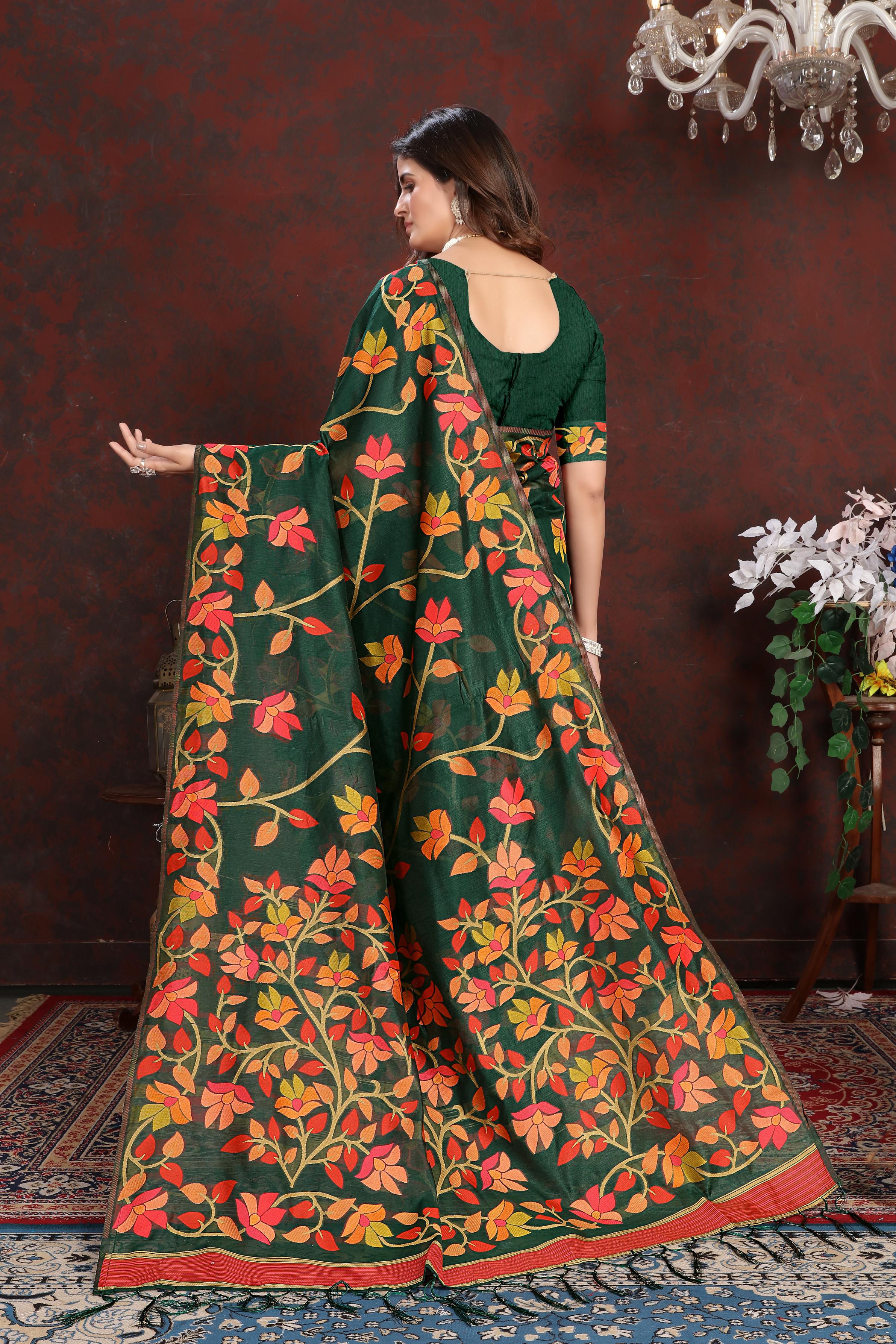 Green Floral Jamdani Soft Cotton Saree