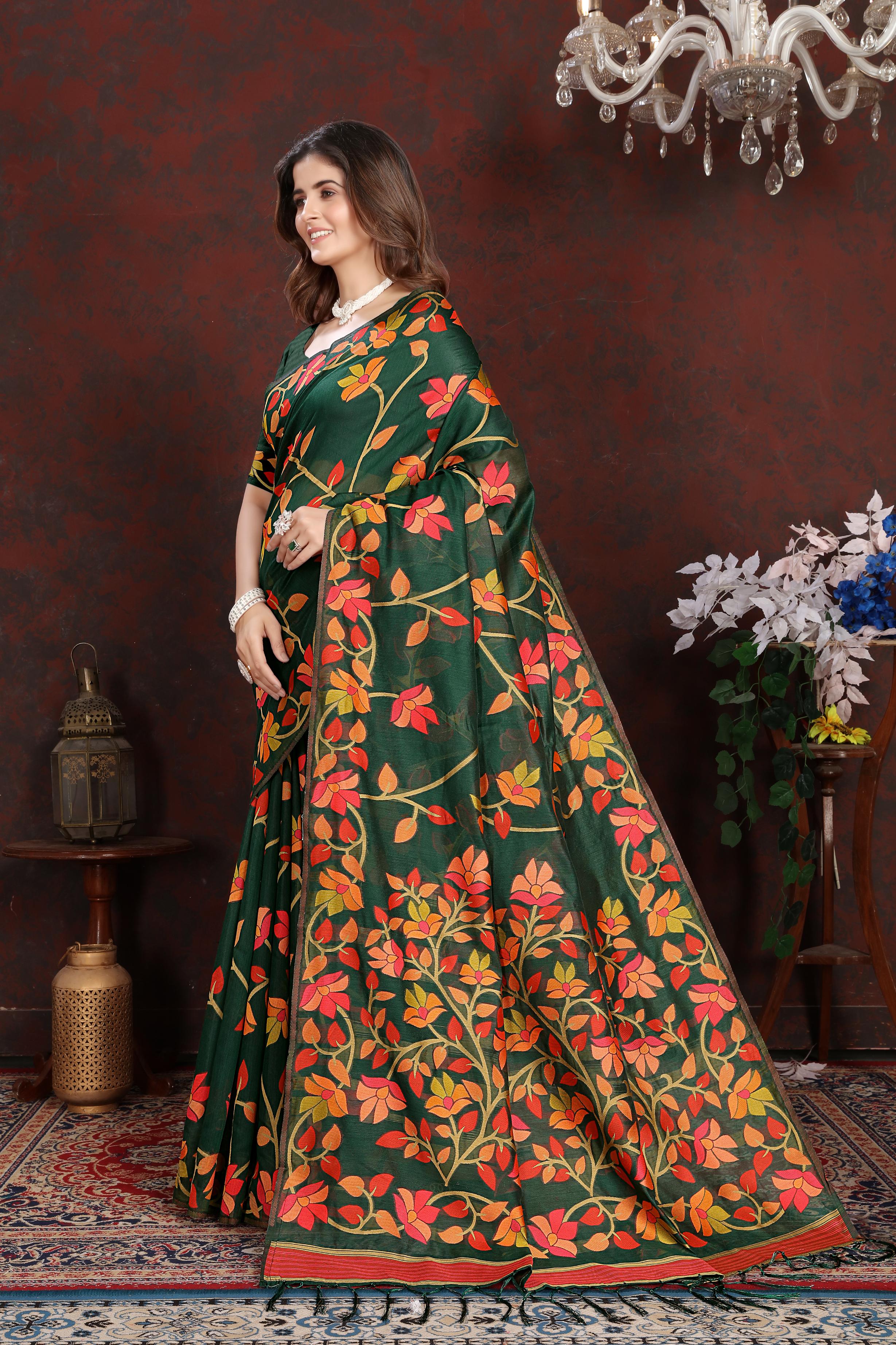 Green Floral Jamdani Soft Cotton Saree