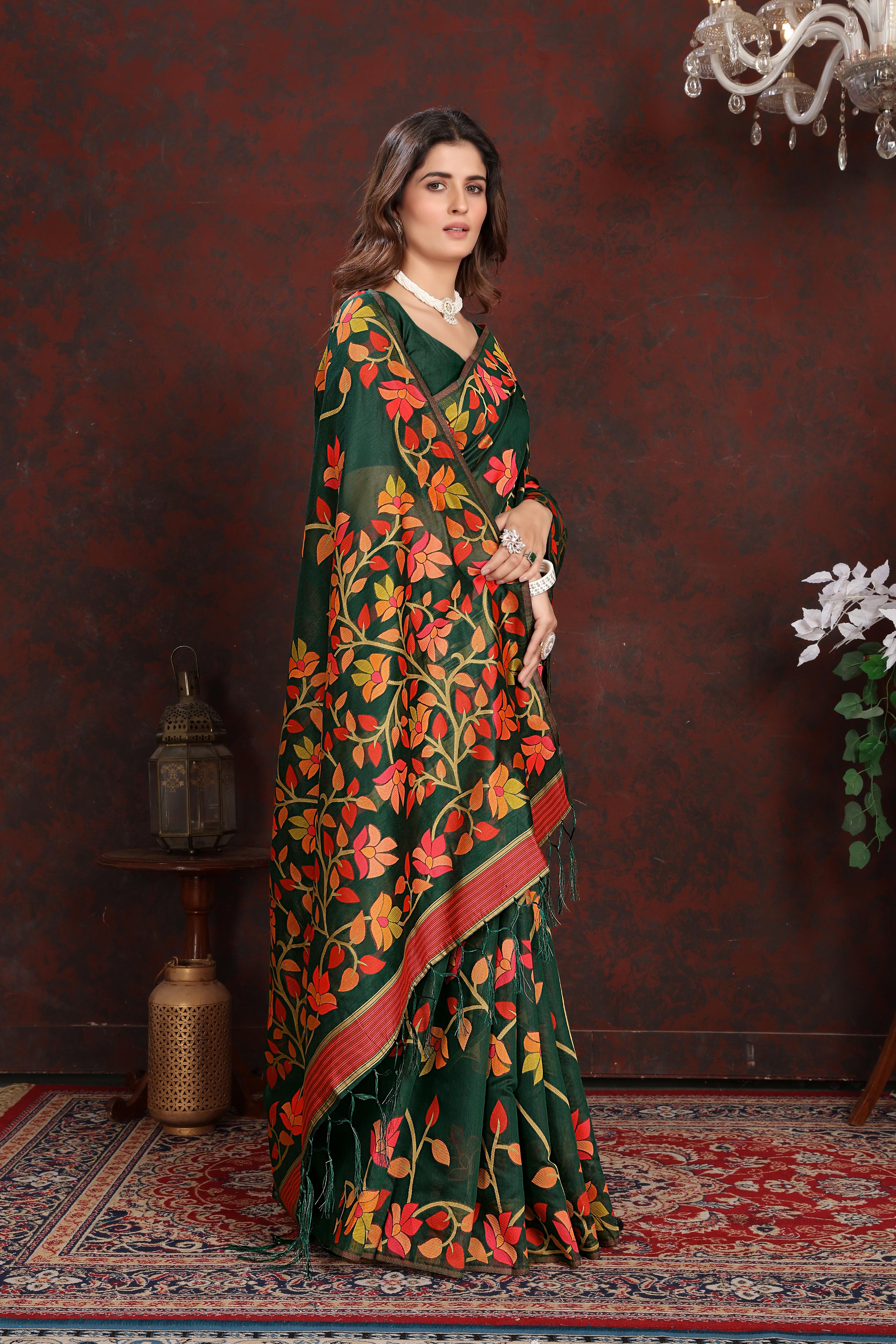 Green Floral Jamdani Soft Cotton Saree