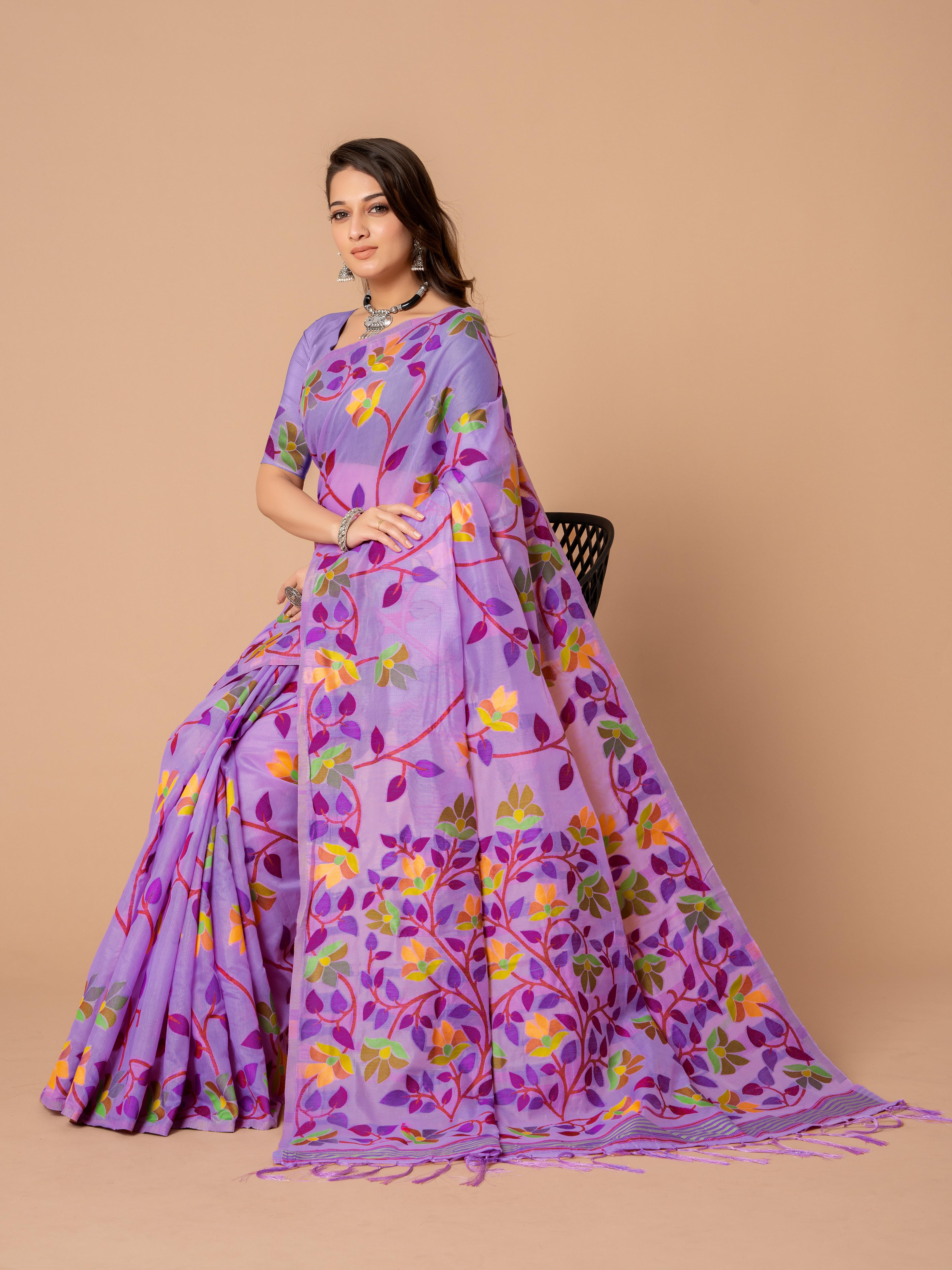 Lavender Floral Jamdani Soft Cotton Saree