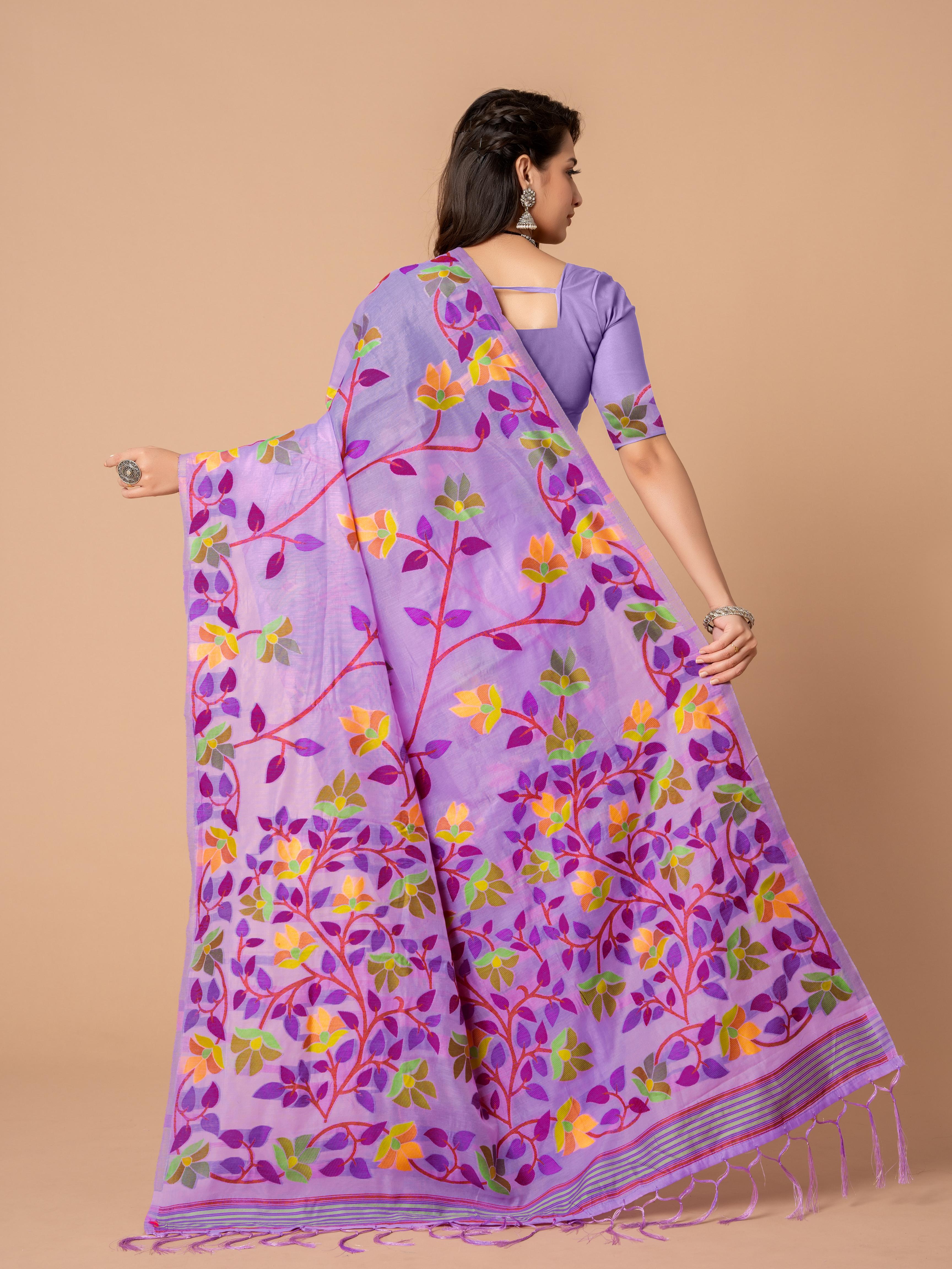 Lavender Floral Jamdani Soft Cotton Saree