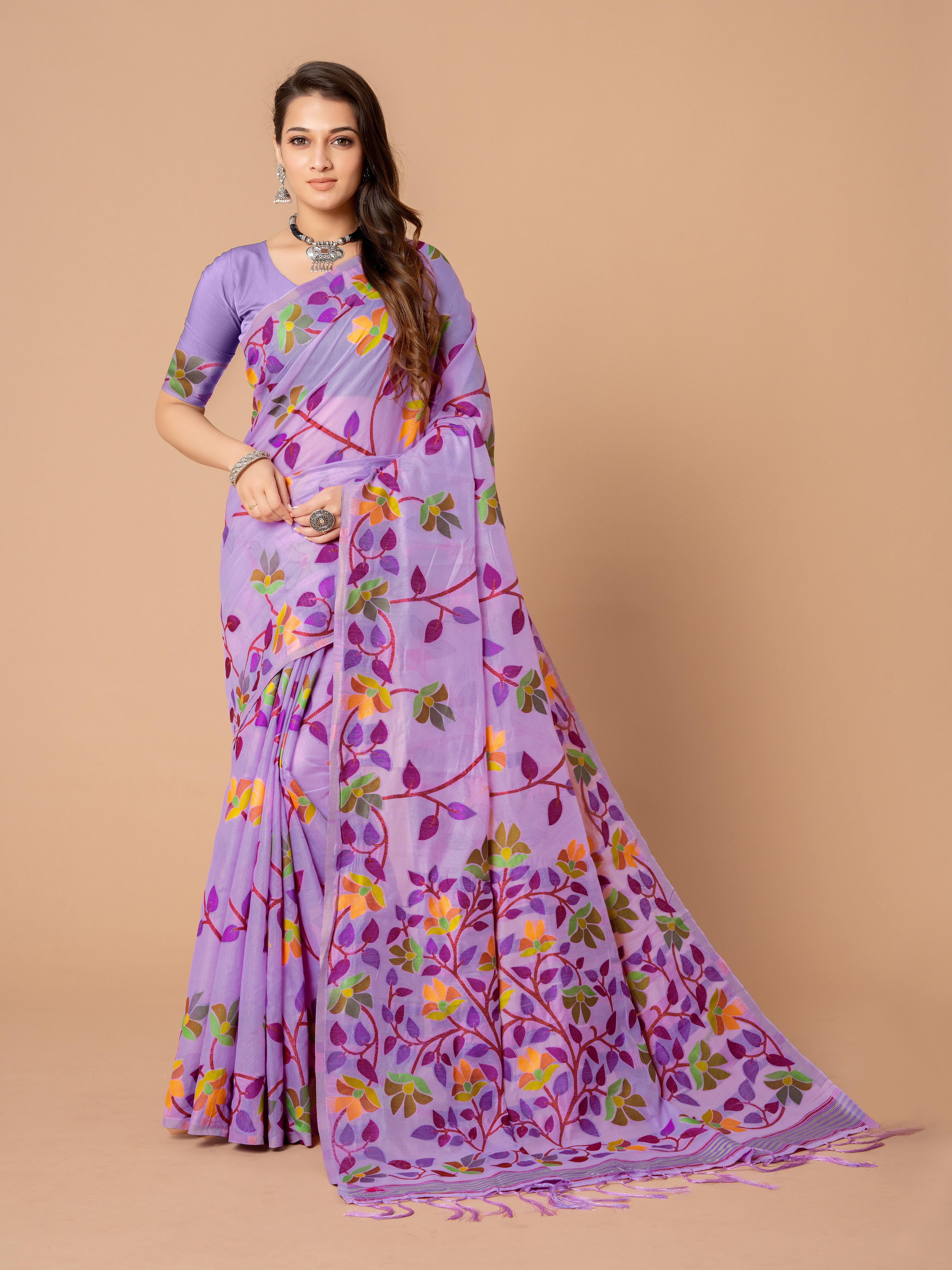 Lavender Floral Jamdani Soft Cotton Saree