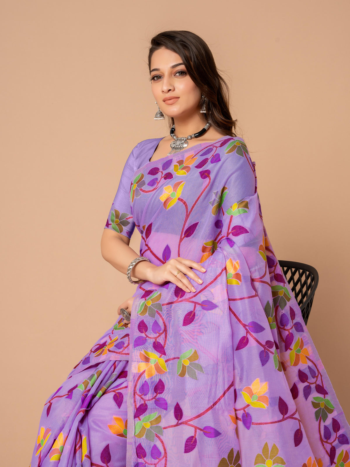 Lavender Floral Jamdani Soft Cotton Saree