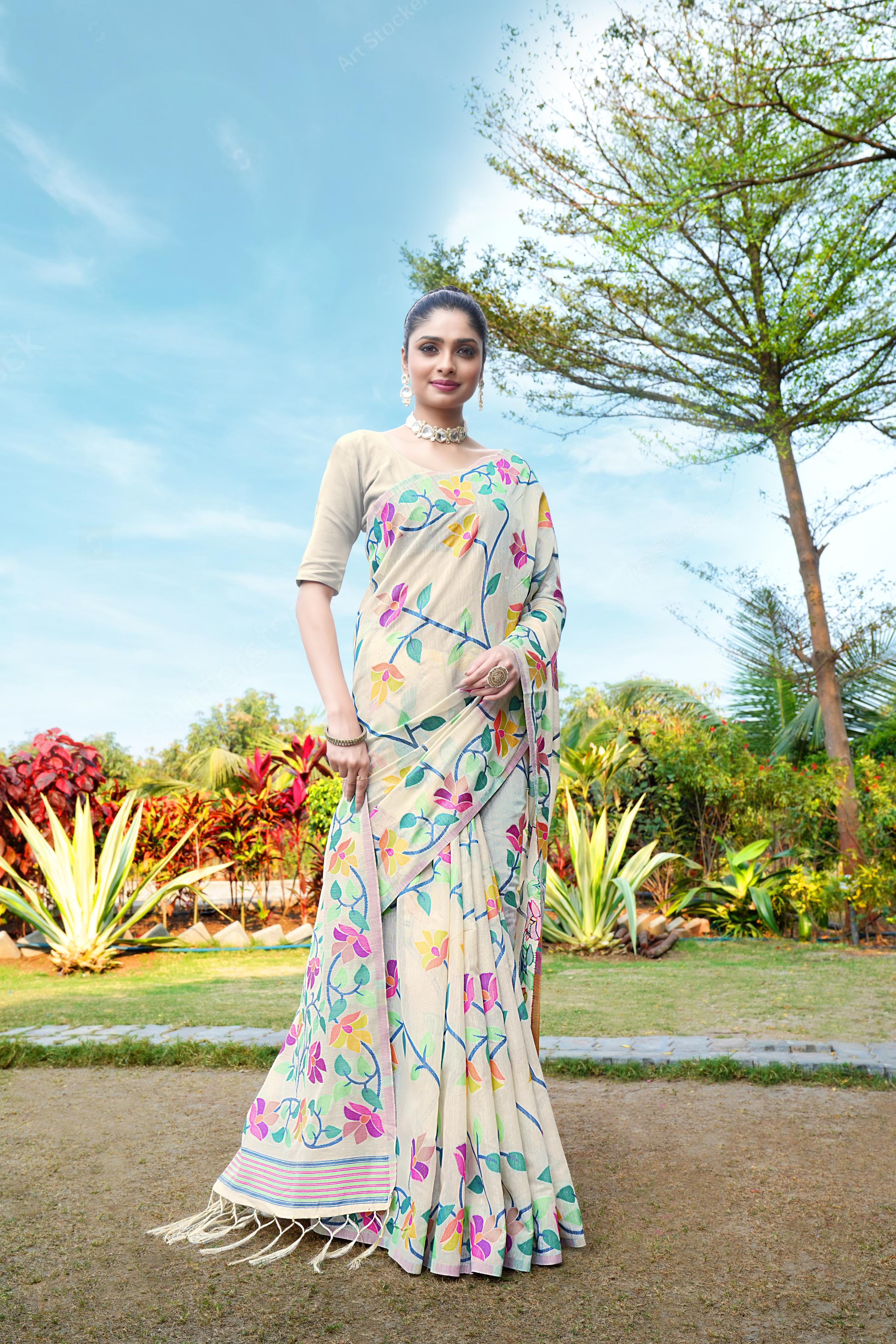 Off White Floral Jamdani Soft Cotton Saree