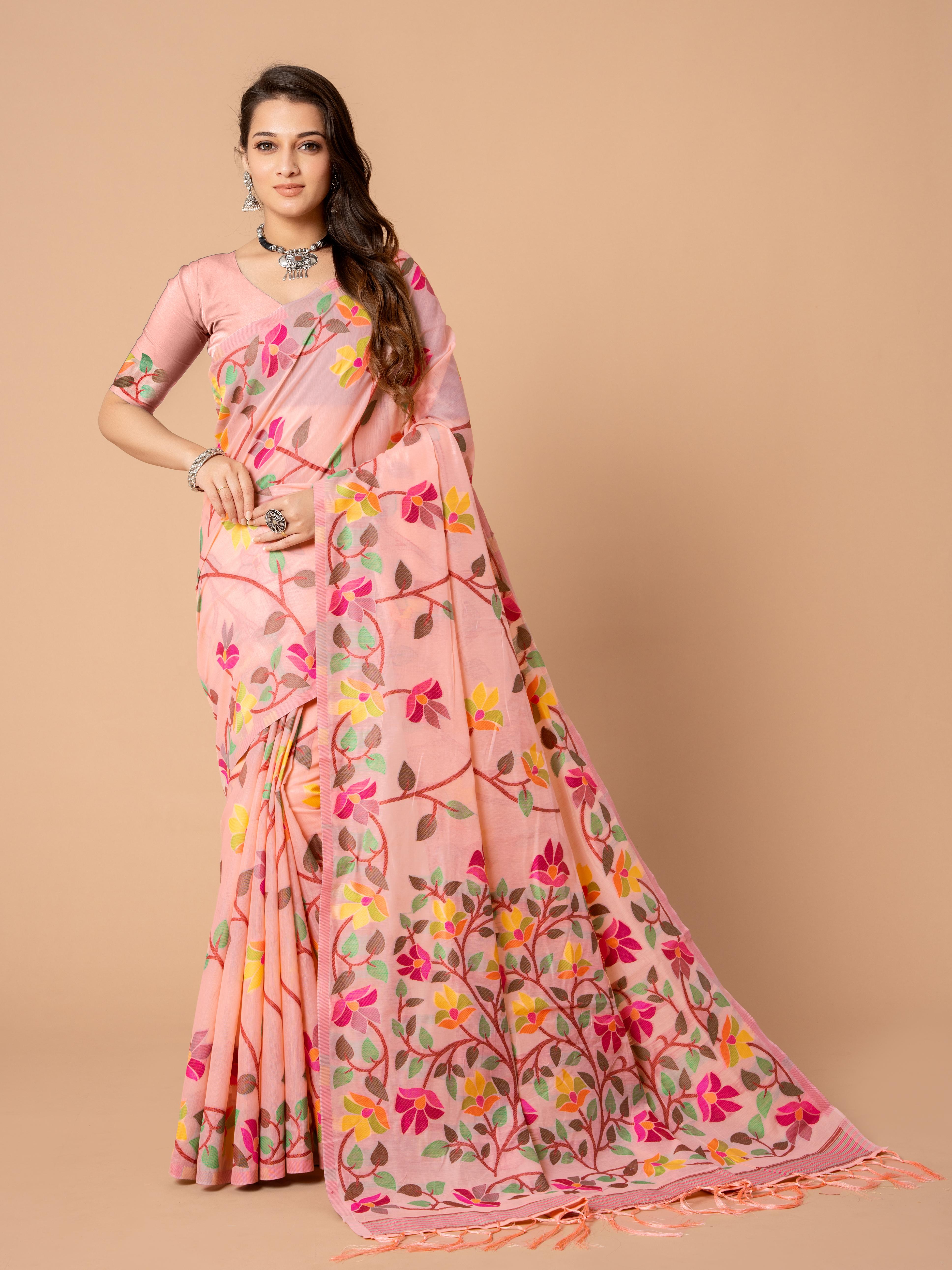 Pink Floral Jamdani Soft Cotton Saree