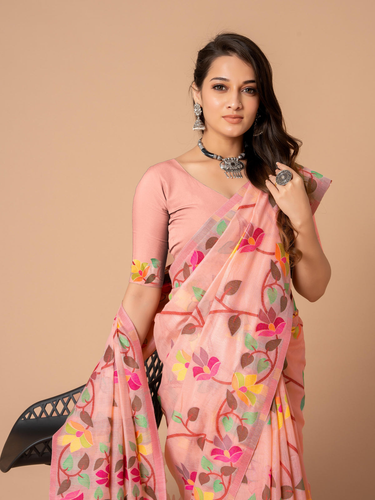 Pink Floral Jamdani Soft Cotton Saree