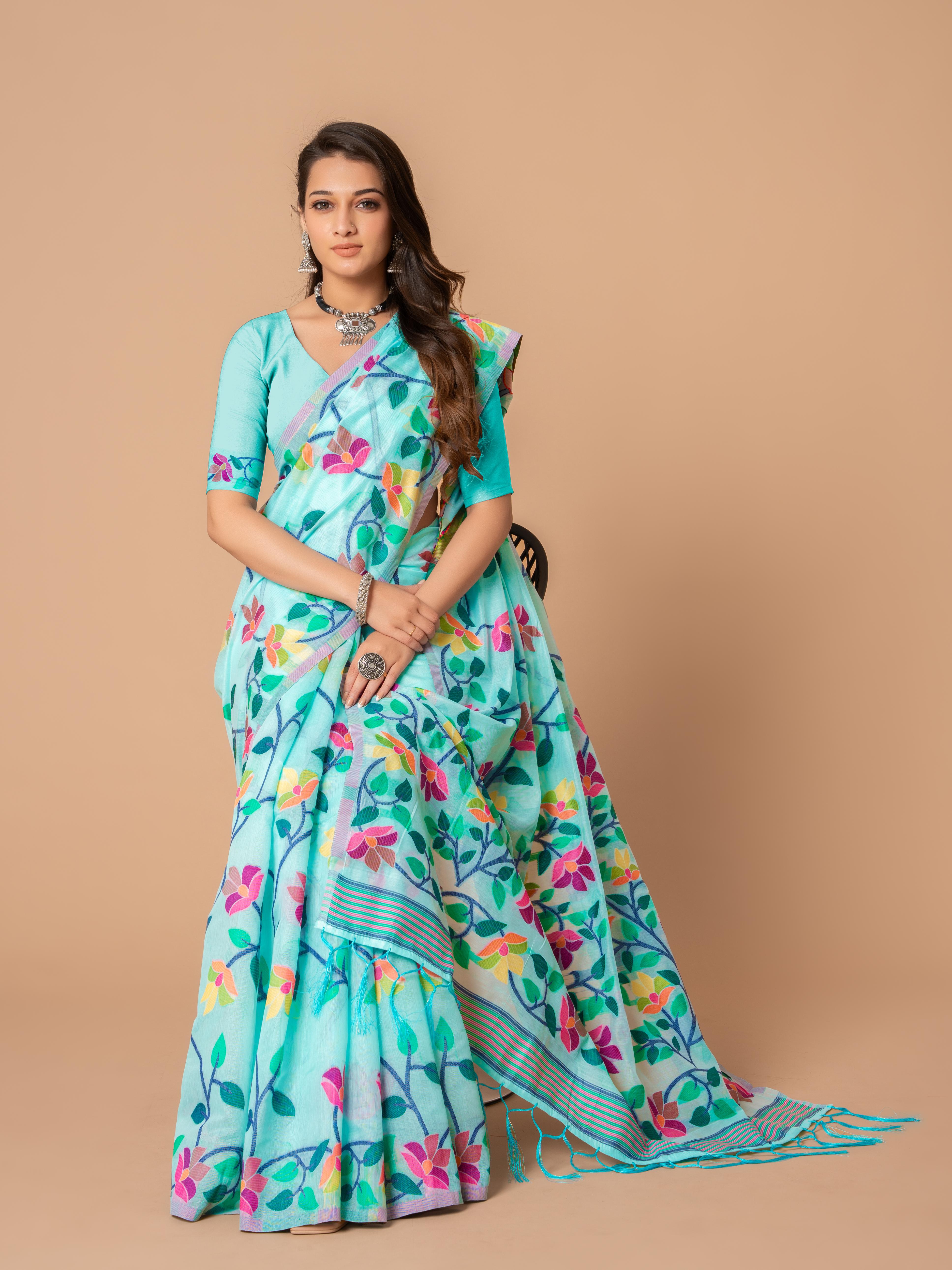 Sky Blue Floral Jamdani Soft Cotton Saree